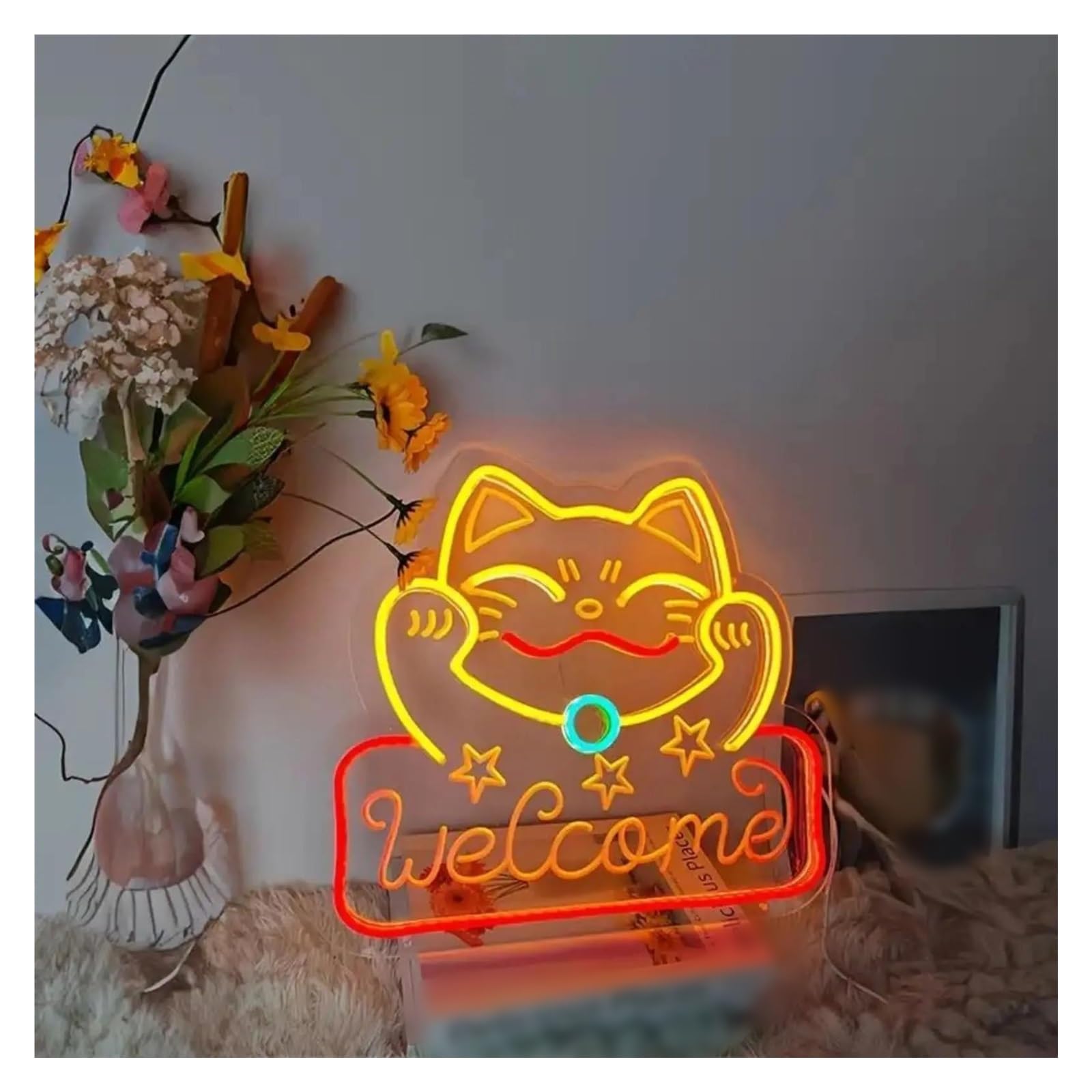 LEMST Sign Lamp Lucky Cat Neon, Wall Art Door Decoration Super Bright, for Shops Bar Cafe Restaurant Tavern 31.3x35cm