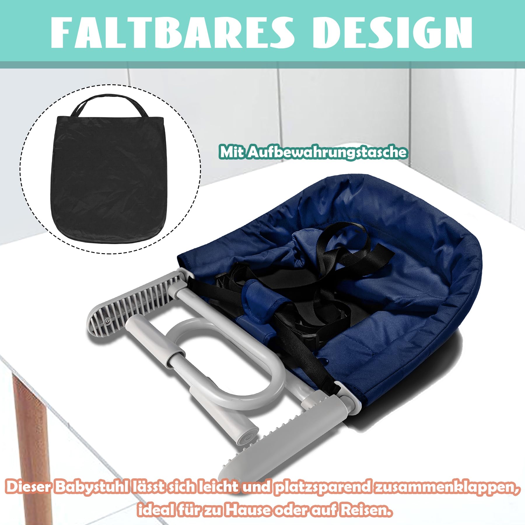 SUBTLETY Seggiolino da tavolo, pieghevole, con borsa per il trasporto, antiscivolo, con morsetti e borsa per la seduta, portatile, per tavolo da 2 a 8 cm di spessore, capacità di carico 15 kg, blu