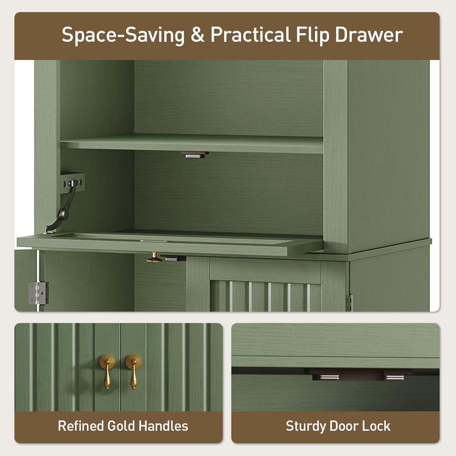 66" Tall Bathroom Storage Cabinet with Flip Drawer, Freestanding Storage Cabinet with Doors & Shelves,Arched Cabinets for Bathroom, Living Room, Kitchen, Laundry, Green