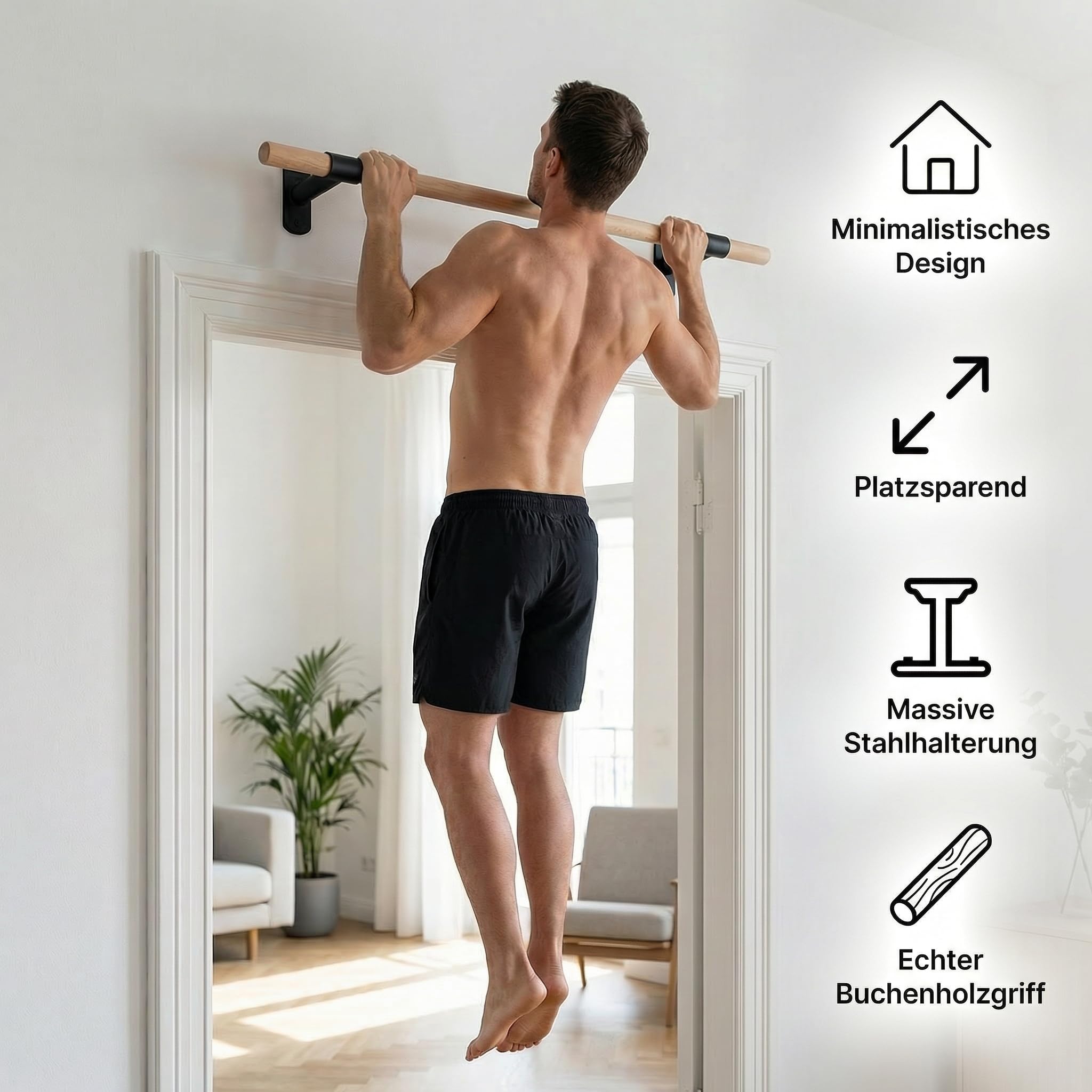 Klimmzugstange Wand - Platzsparende Pull Up Bar aus Holz zur festen Wandmontage - stilvolles Design und hohe Bewegungsfreiheit - Calisthenics Equipment für Zuhause - inkl. Dübel und Schrauben