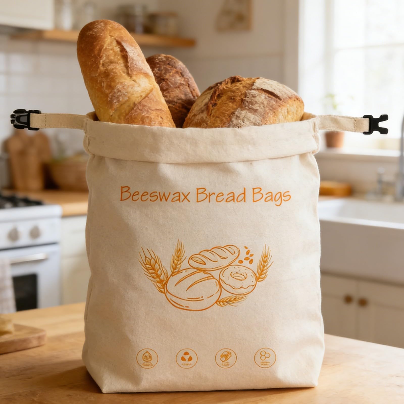 Borsa per alimenti in cotone biologico, cera d'api, con elastico e moschettone, essenziale per la cucina sostenibile per pane, formaggio, soluzione sostenibile per la cucina