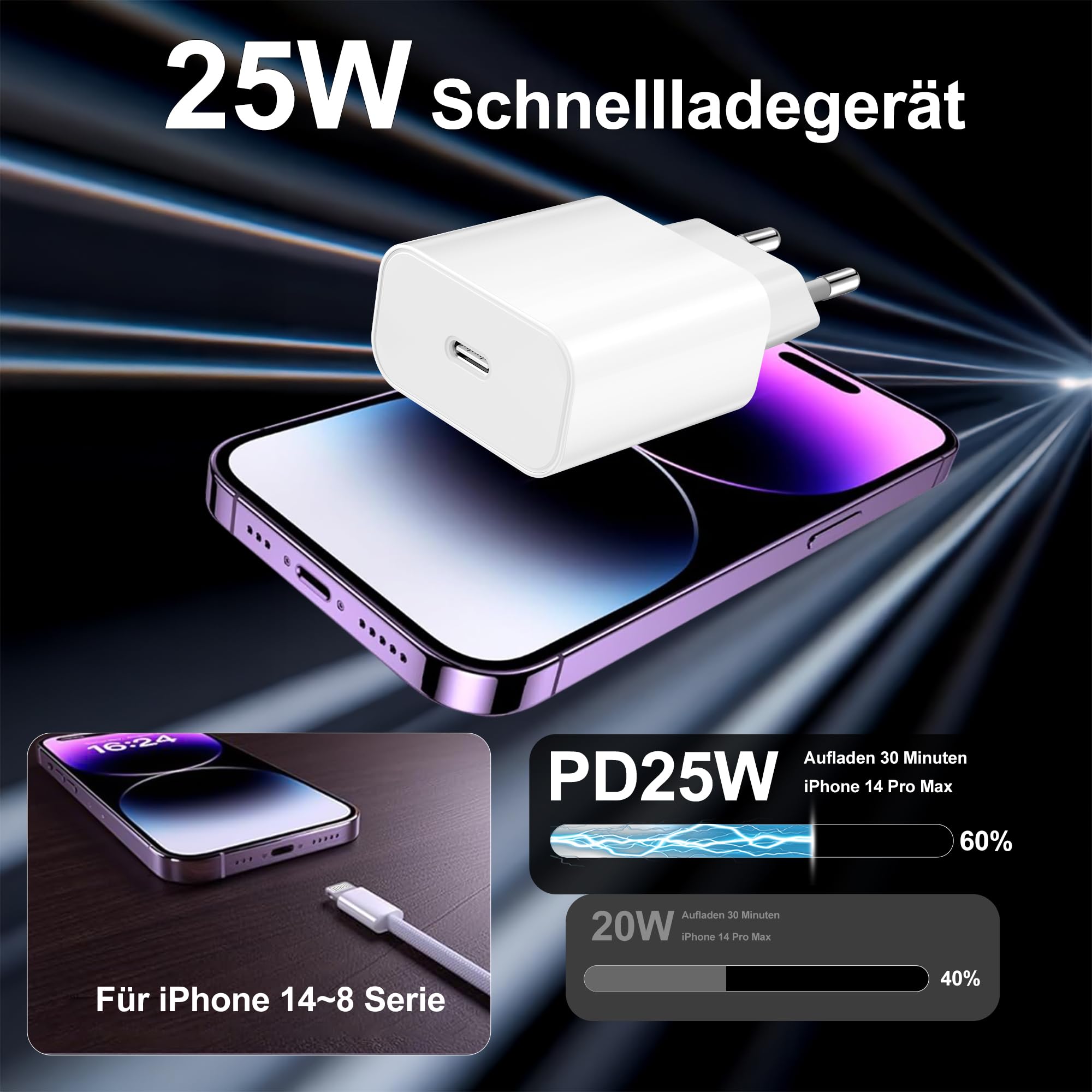 Kabel do ładowania iPhone'a, kabel Lightning z certyfikatem MFi 25 W, do iPhone'a 14, 13, 12, 11, Pro, MAX Plus, mini, XS, XR, X, 8, 7, iPada, adapter USB C, szybka ładowarka z 2 kablami do szybkiego