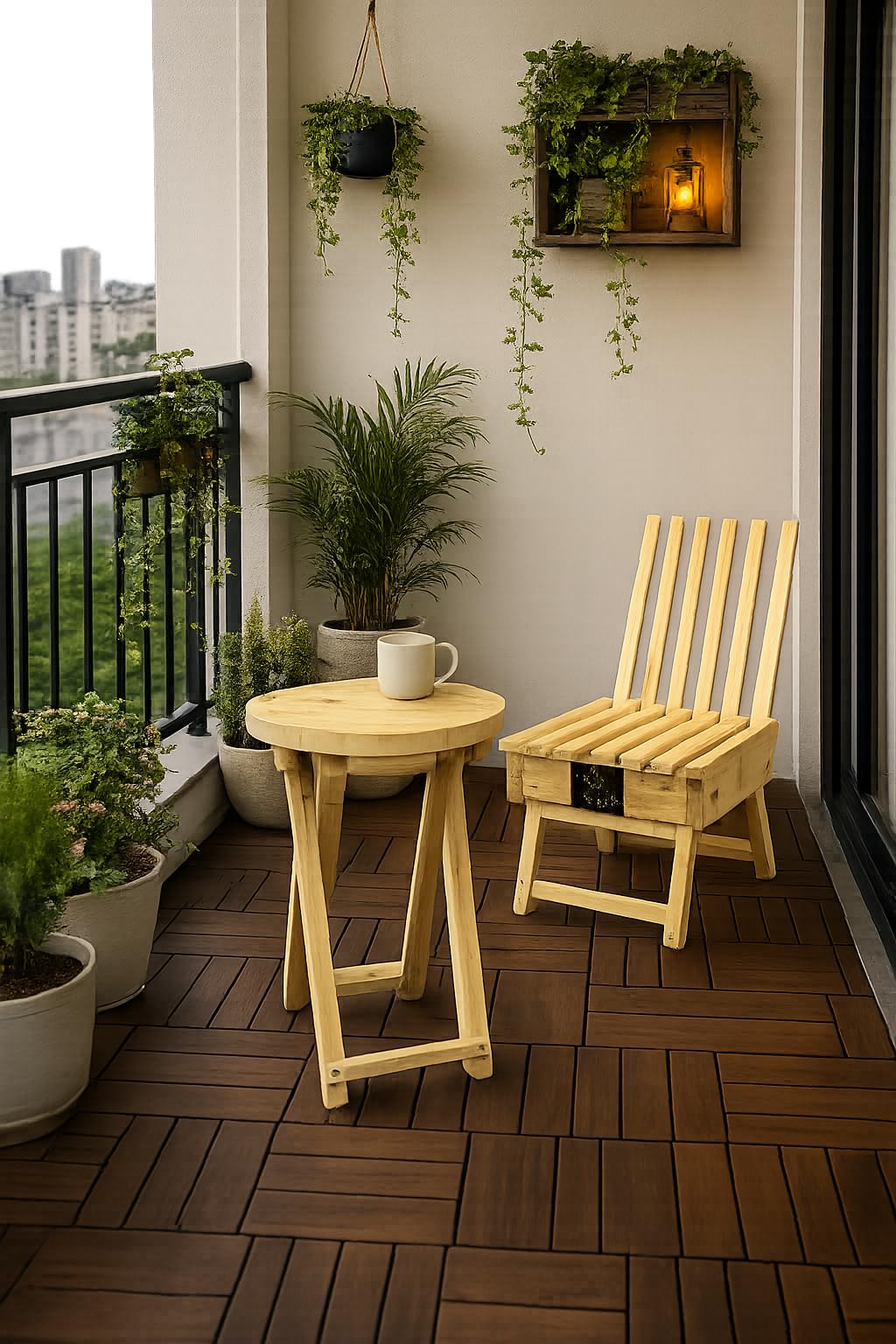 Solid Wood Chair & Round Side Table Set | Premium Pine Wood Living Room Furniture | Modern Rustic Wooden Accent Chair with Coffee Table | Balcony, Patio, Garden-image-0