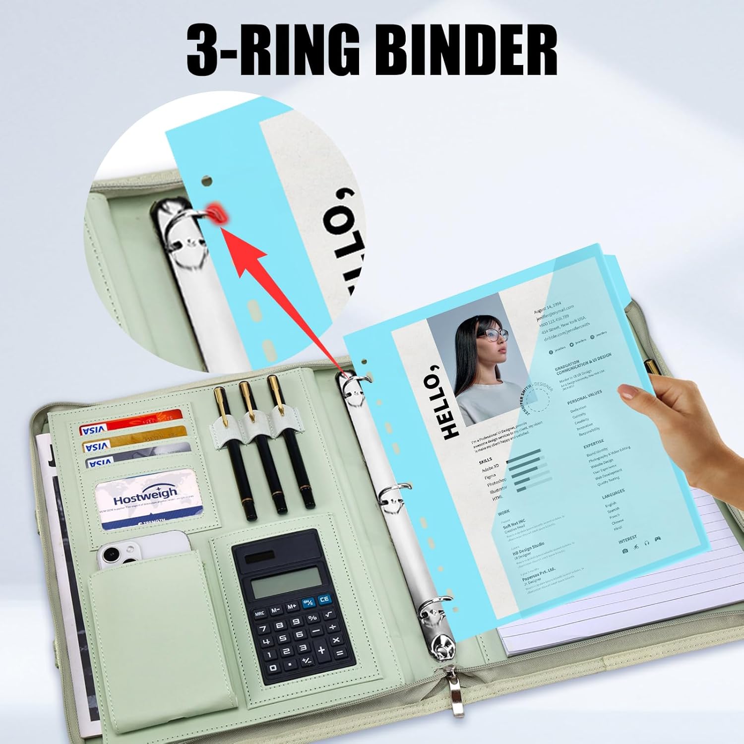 Portfolio Binder - 3 Ring Binder with Magnetic Handle, Vegan Leather Business Padfolio Folder with Notepad, Includes 5 Dividers with 10 Pockets for Documents Files