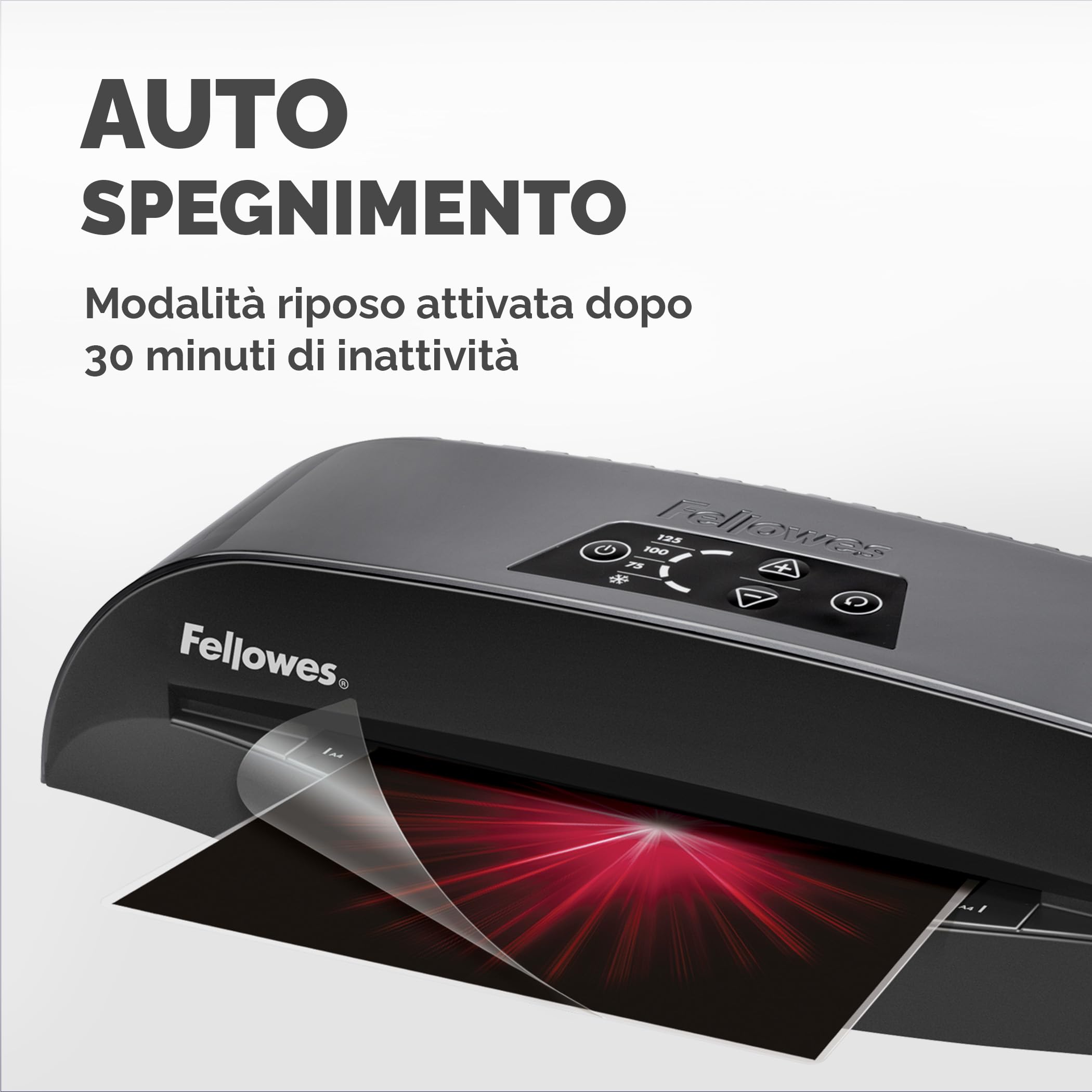 Fellowes Plastificatrice A3 Calibre per piccoli uffici, Pronta in 1 minuto con Spegnimento e modalità Riposo, 80-125 Micron, Kit con 10 fogli A4 per plastificazione incluso, Nero