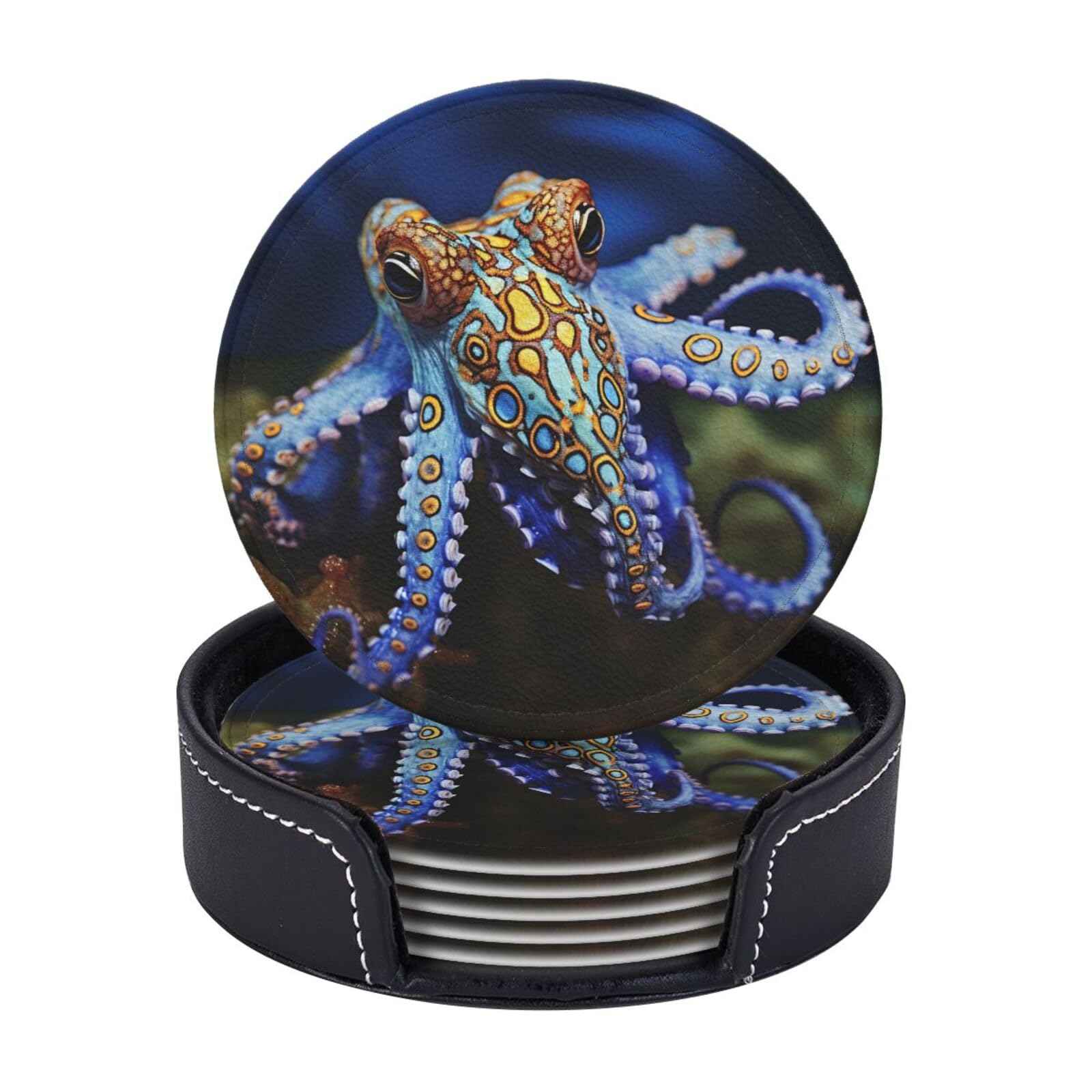 Round Coasters for Drinks Set of 6 - PU Leather Coasters with Holder - Modern Drink Coasters for Coffee Table - Blue Ringed Octopus Coaster for Tabletop Protection 4" Cup Mat Pad
