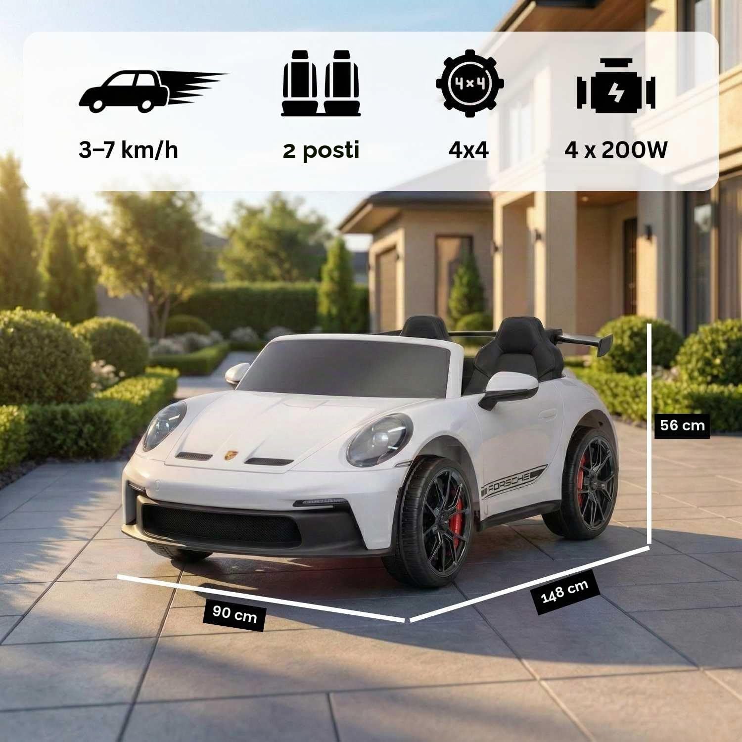 Auto elettrica per bambini Porsche 911 24V con trazione 4x4, bianca, due posti, telecomando 2,4 GHz, ingresso USB/AUX, motori 200W, sospensioni, batteria al litio, luci LED anteriori e posteriori