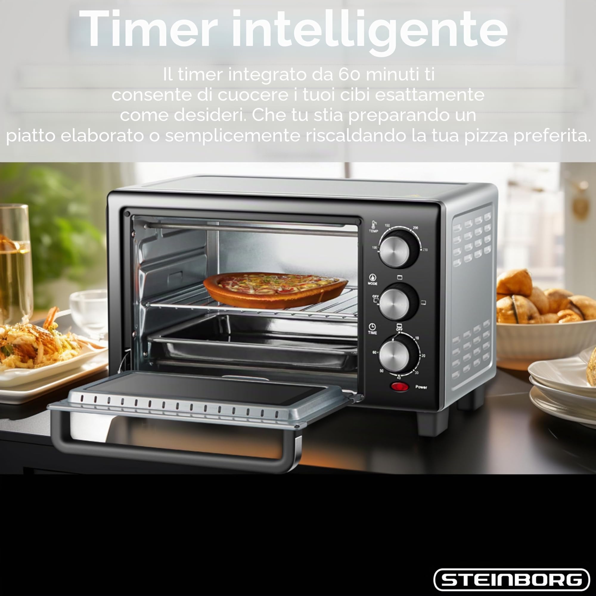 STEInBORG Mini forno 15 litri 3 in 1 forno per pizza calore superiore/inferiore 60 minuti