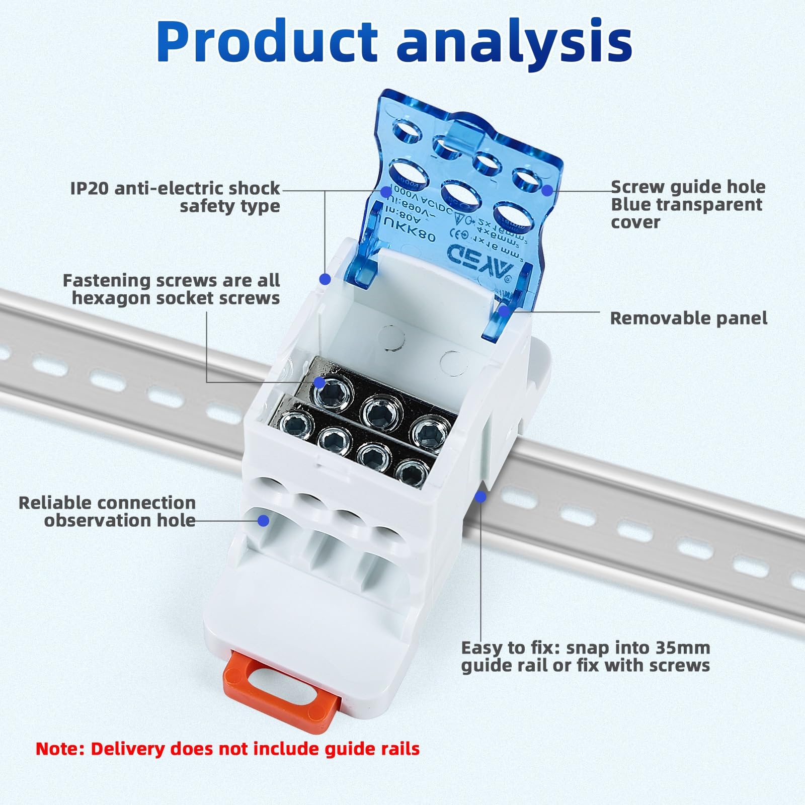 Jadeshay Terminal Block Distribution Box, 7-Pole, Blue, Screw Connector, Nylon, DIN Rail Mount, 80A, 1000V AC/DC - Image 2