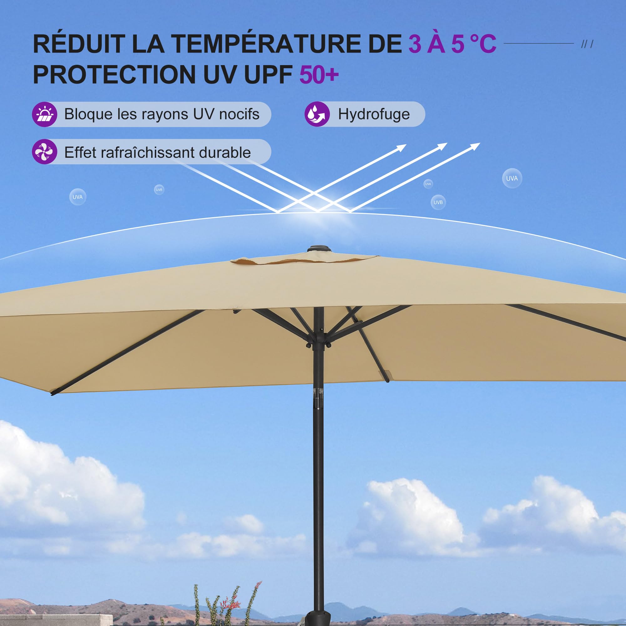 PURPLE LEAF Parasol de Jardin Extérieur Rectangulaire 200 x 300 cm avec Pied, Parasol Toile Toile Anti-UV 180 g/m² avec Inclinable des Deux Côtés pour Balcon, Terrasse, Plage, Beige