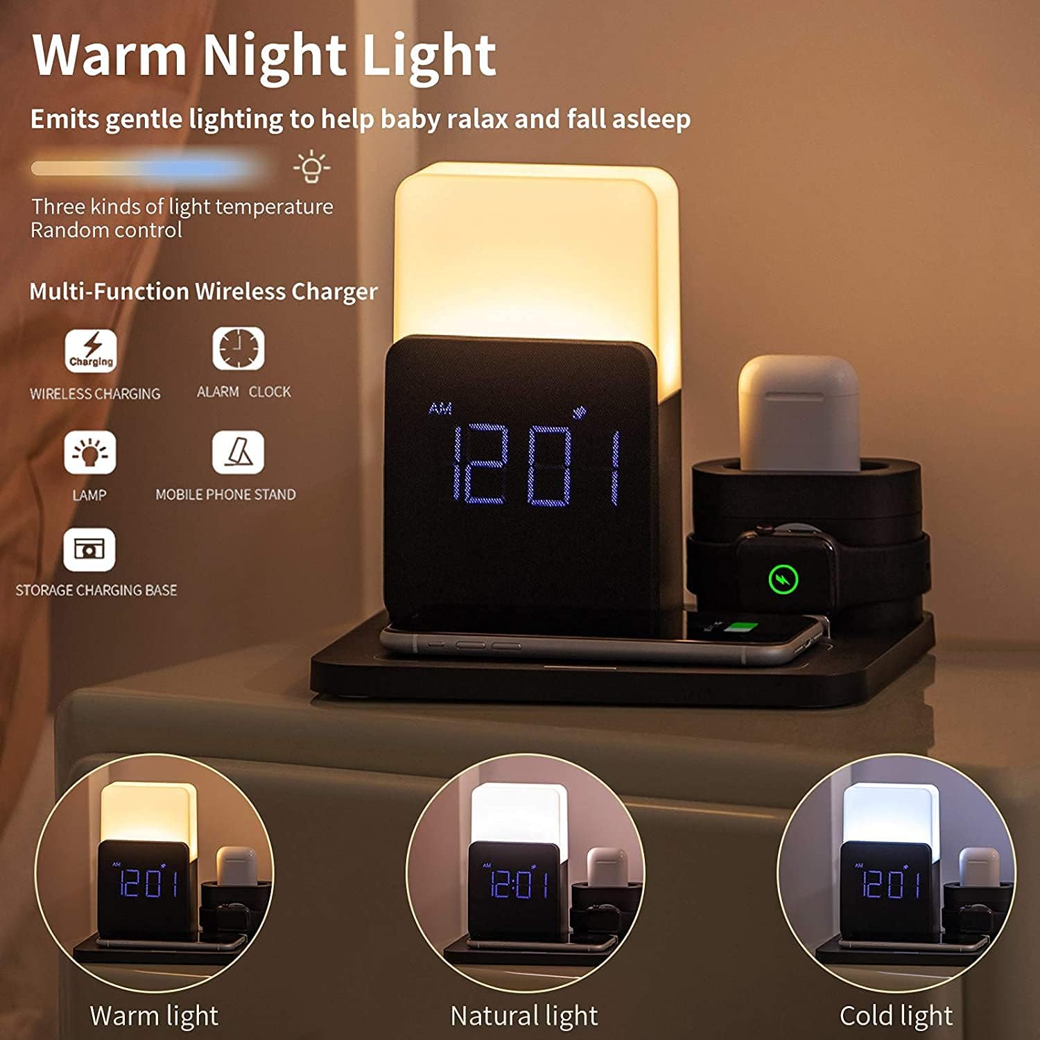 LAVONE 3-in-1 Wireless Charger: The Ultimate Fast Charging Solution with Alarm and Night Light!