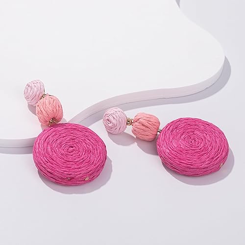 Miniatura 9 de Statement Raffia - Aretes redondos de bola colgantes de rafia, bonitos aretes bohemios hechos a mano para el verano para mujer