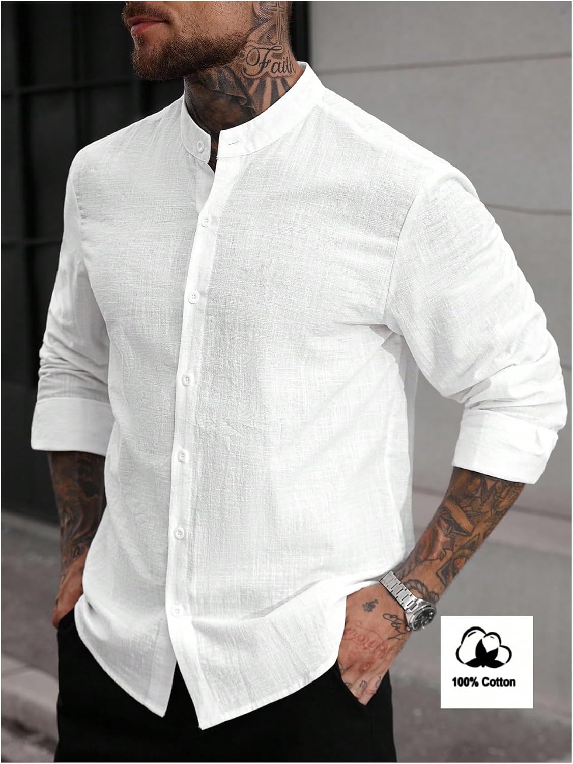 GORGLITTER Men's Casual Long Sleeve Button Up Linen Shirts Summer Banded Collar Party Beach Dress Shirt - Image 2