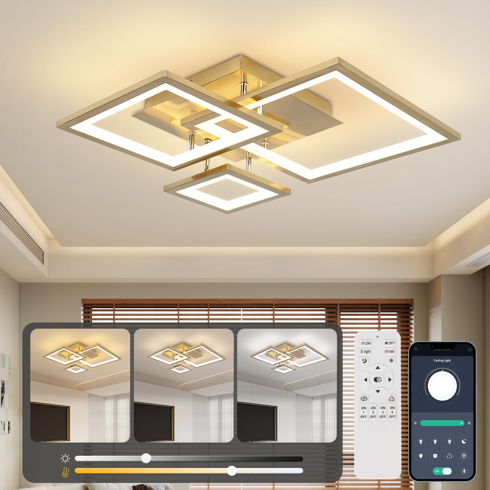 EIDISUNY Modern Led Ceiling Light 3-Square Design 3000K-6500K LED Dimmable Ceiling Lights with Remote Control Gold Ceiling Lighting Fixture for Bedroom Kitchen Dining Room Office Living Room