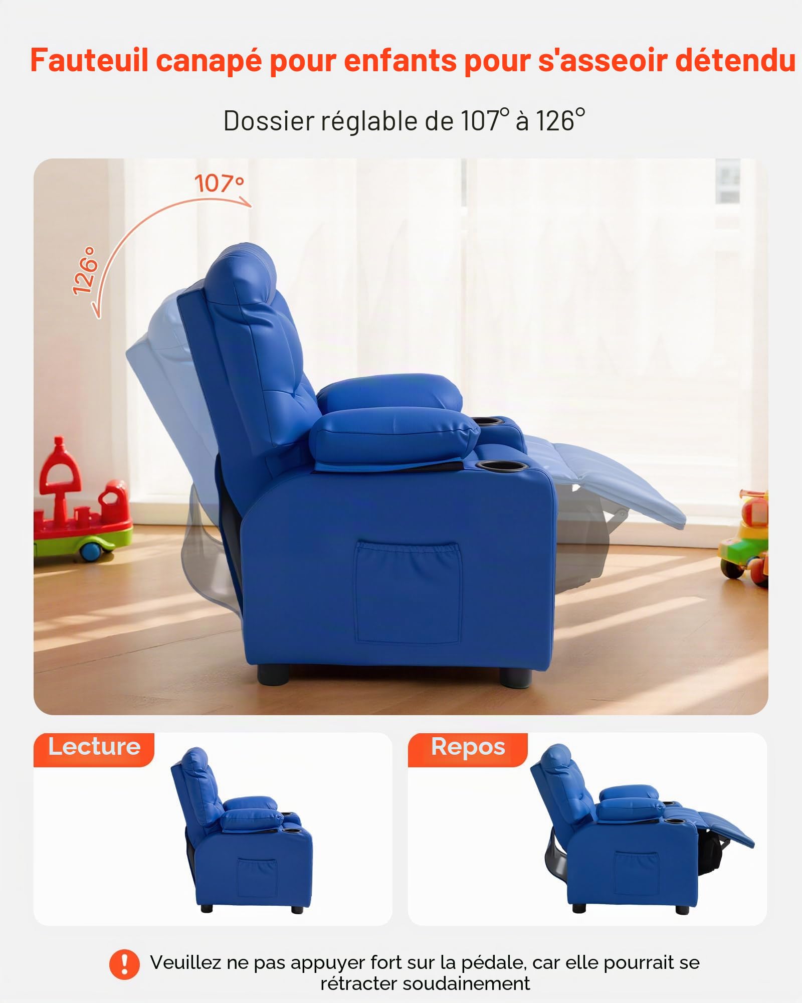 VEVOR Fauteuil inclinable pour enfants, chaise relax ergonomique avec 2 porte-gobelets, 4 poches et repose-pieds, dossier réglable 107°-126°, en cuir PU facile à nettoyer, pour chambre d’enfants, bleu