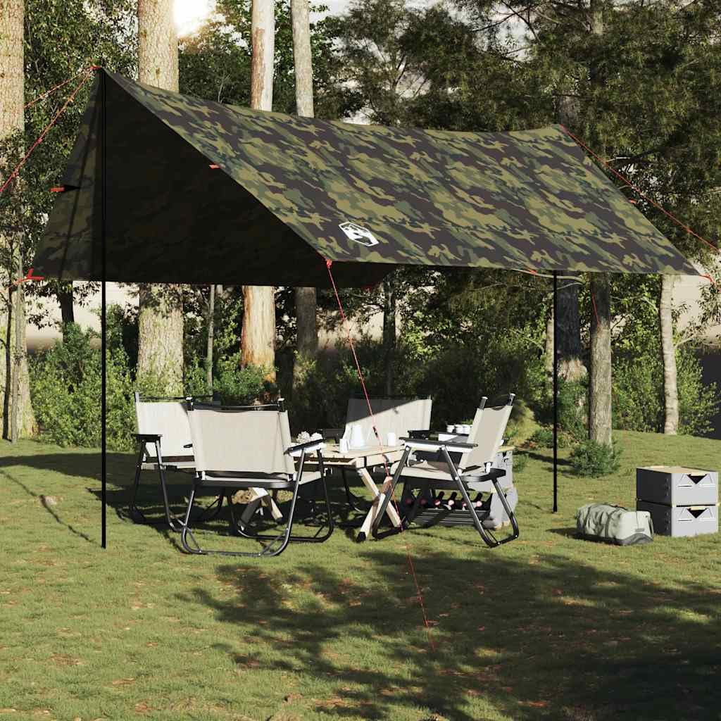Tarp Olivgrün, Campingplane mit 2 Stangen, 462x306x211 cm, Sonnensegel für Outdoor und Trekking, Zeltplane mit Tragetasche, Regenschutz