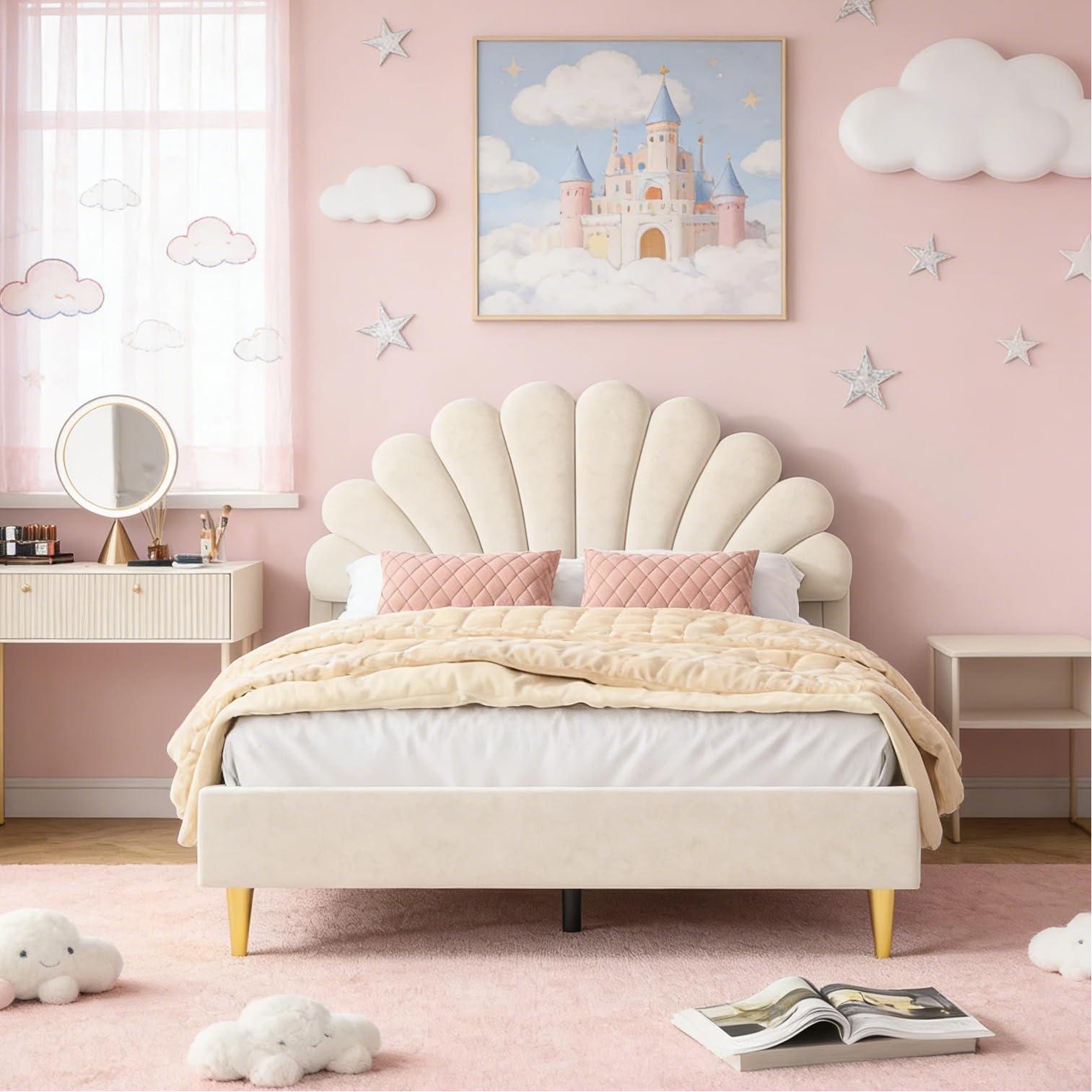 BRILVERDE Lit de Fille 140x200 cm, Lit Princesse avec tête de lit Fleurie, Cadre avec Sommier à Lattes, pour Filles, pour Enfants et Adolescents, Velours (Beige, 140 x 200 cm)