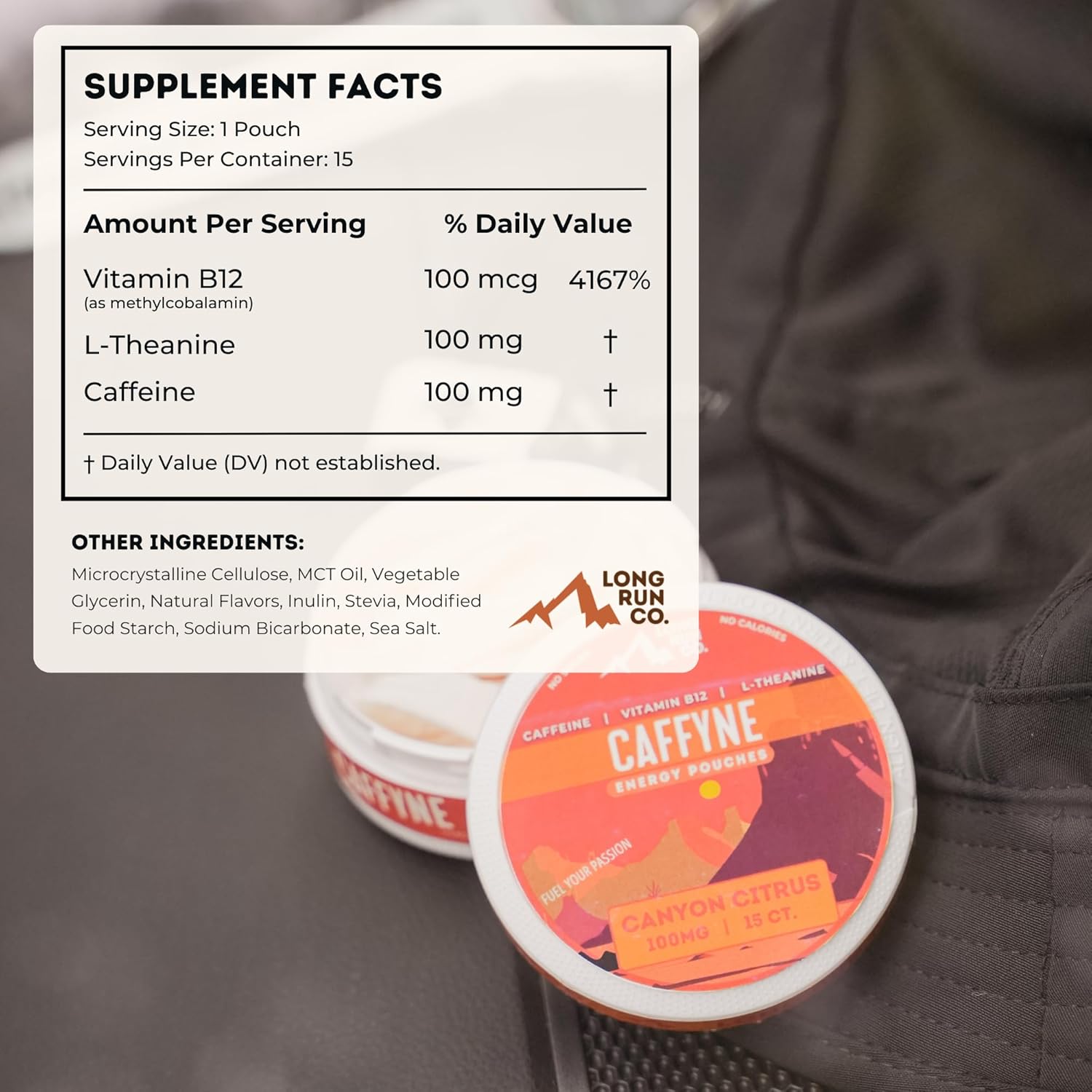 CAFFYNE Energy Pouches by Long Run Co. — All Natural Caffeine + B-Vitamins + L-Theanine | Sugar-Free & 0 Calories | 100mg of Caffeine in Each Pouch (Pack of 5, Canyon Citrus)