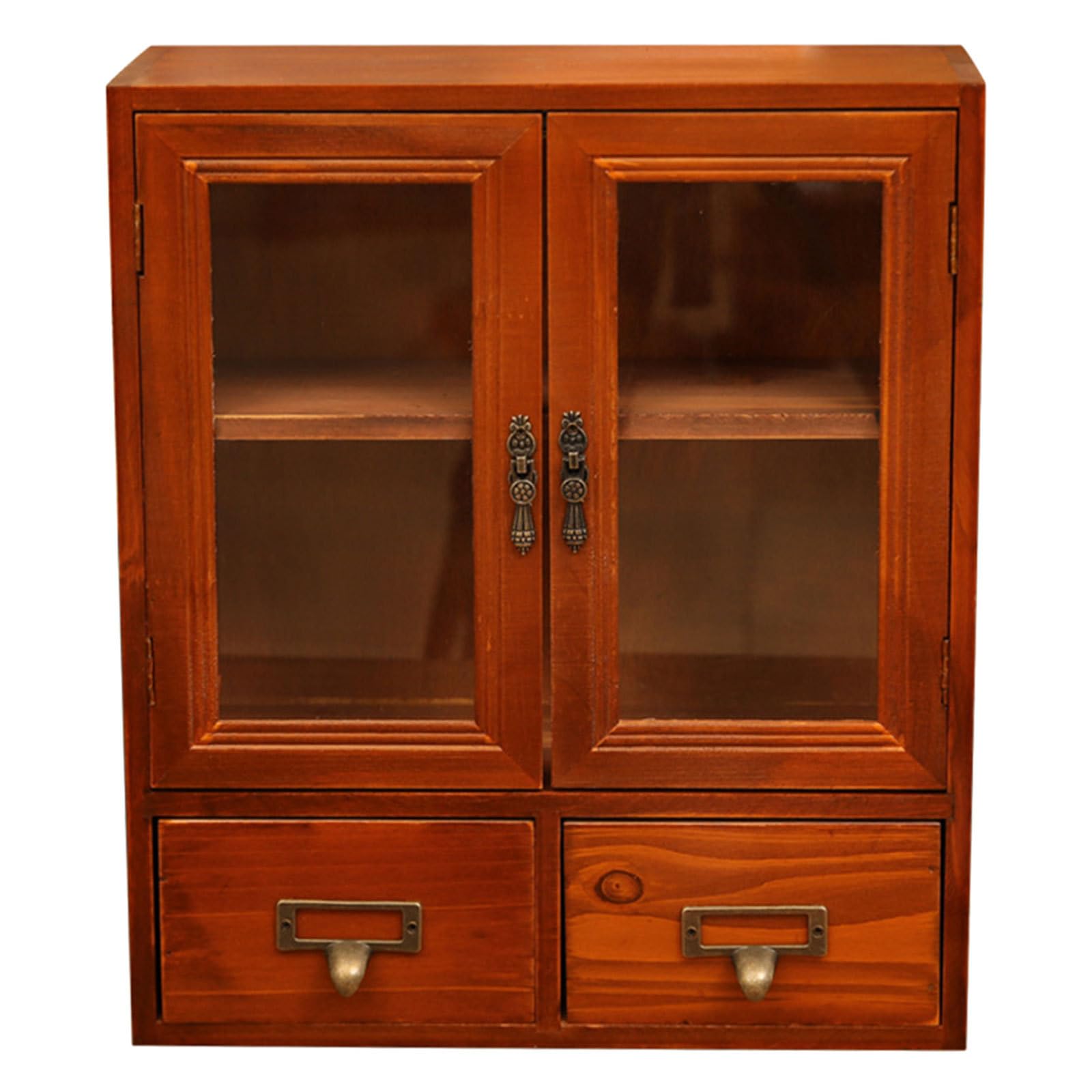 Holzschrank mit Glastüren und 2 Schubladen, Vintage Apothekerregal zur Küchenorganisation und Stauraumgestaltung