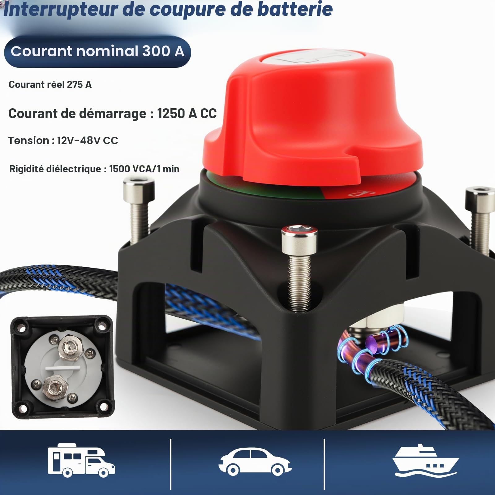 Lot de 2 Coupe Circuit Batterie, 300A Interrupteur Principal(24-48V), pour Bateaux, Motos, Yachts, Voitures, Véhicules Automobiles, Marine et Caravanes