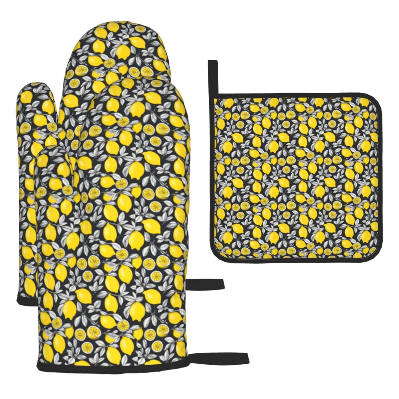 Lemon Fruit Pattern Print Oven Mitts Kitchen Gloves Set Everyday Baking Grilling Microwaving Cooking Gift