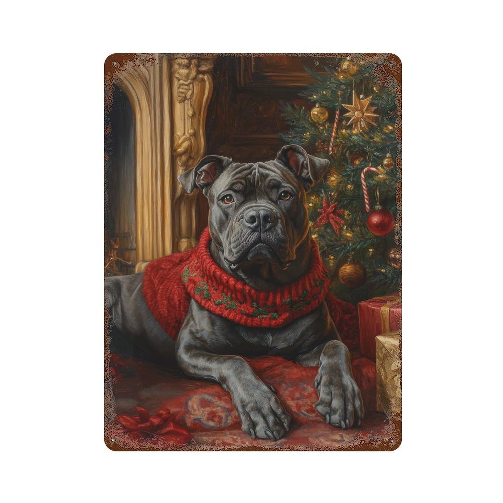 Cane Corso in Festive Red Dog Christmas Portrait with Red Scarf Vintage Wall Sign 15.7"x11.8", Rust Effect Metal Decor for Farmhouse, Kitchen And Entryway Decor