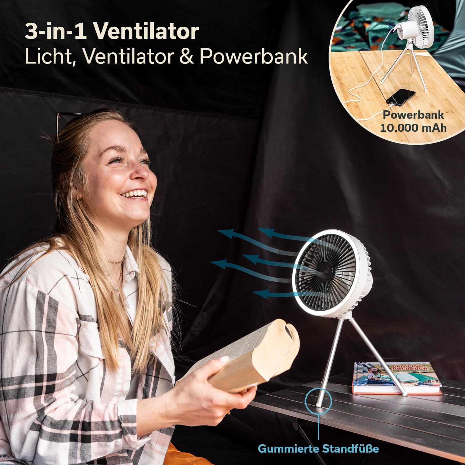 Skandika lampa kempingowa Solvind LED z wentylatorem | 3w1 z powerbankiem, ładowana USB-C, stojąca, wisząca, światło pierścieniowe białe, ścieminiania, na stojaku | lampka turystyczna, namiotowa