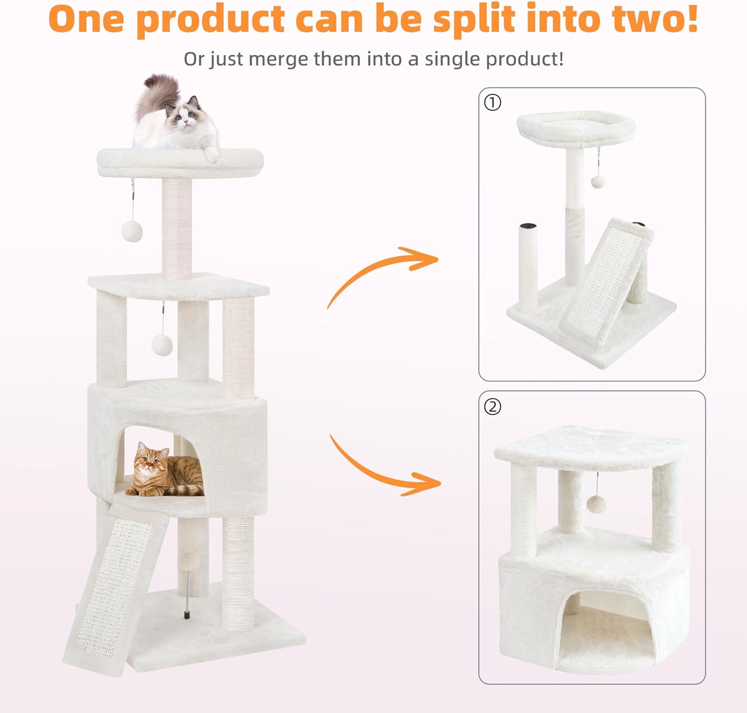 45in Cat Tree Tower with Big Condo for Indoor Kitten,Cat Tower with Scratching Post,Scratching Board and Cat Toys,Multi-Level,Small Space,Transformer Cat Tree, Beige(New)