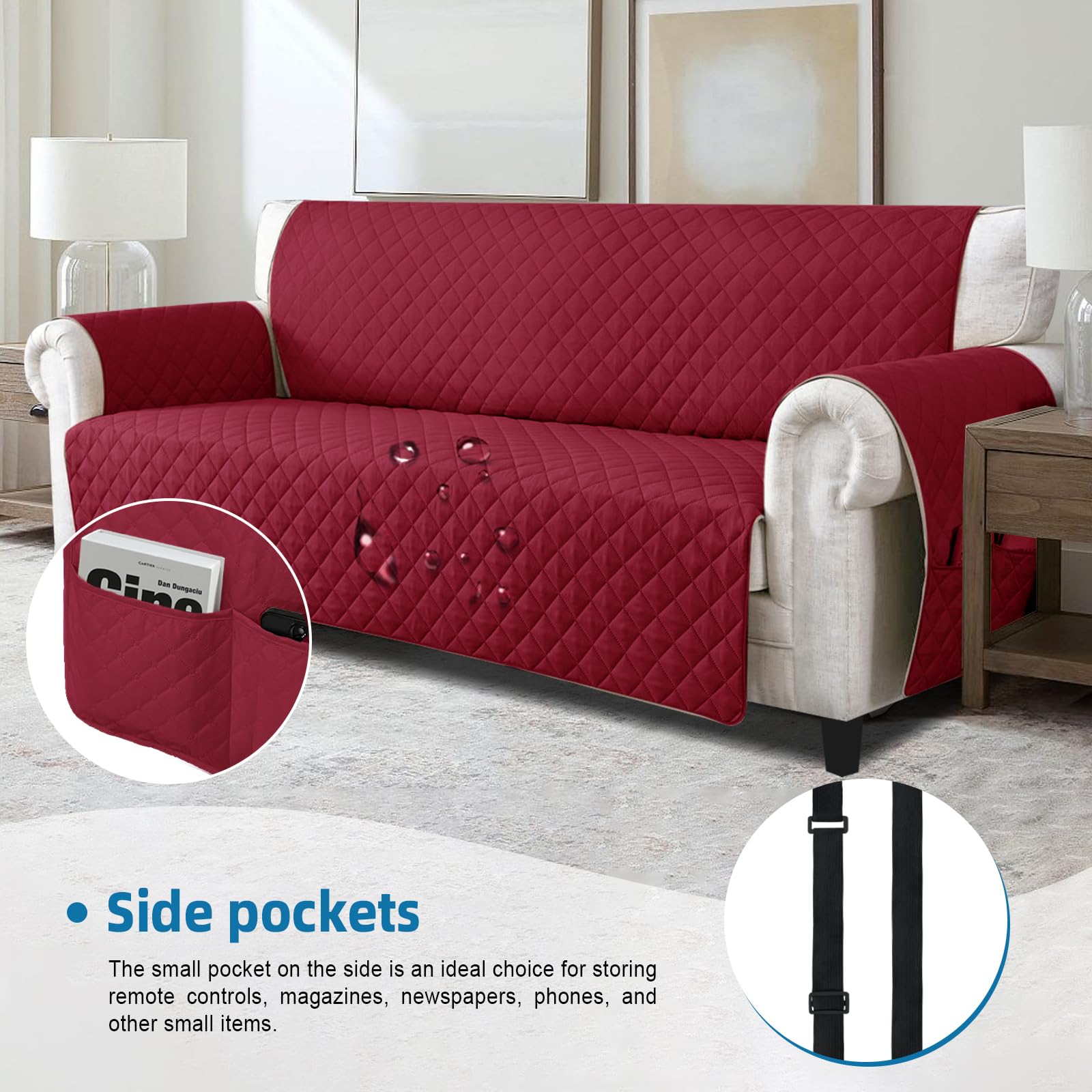 Jaotto Copridivano 4 Posti Impermeabile Copri Divano con Braccioli Fodere Copridivano Trapuntato con Tasche Laterali Copridivano Impermeabile per Animali,Bordeaux