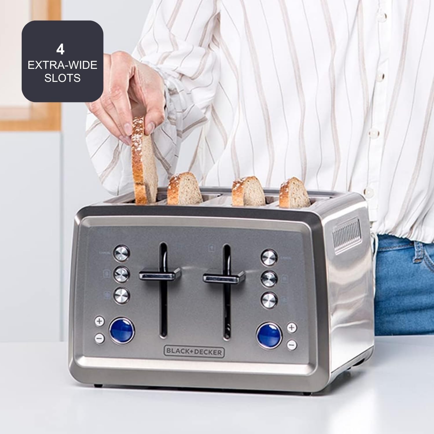 BLACK+DECKER - Tostadora 1960W, 4 Ranuras Anchas, LCD, Descongelar