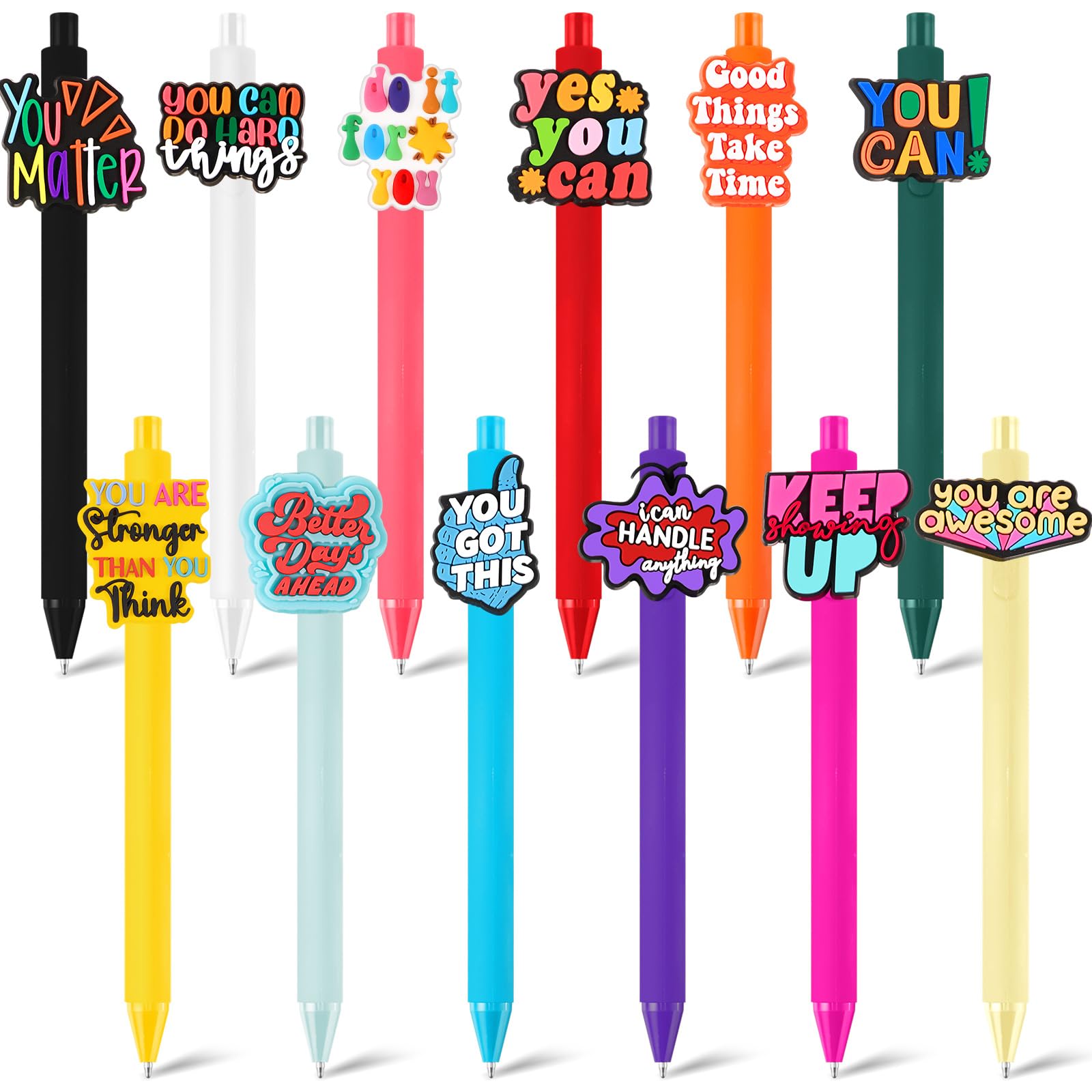 Engrowtic 12 Pcs Funny Pens Set Cartoon Retractable Writing Pens Bulk Black Ink Gifts for Women Office Party Favors(Bright Color,Inspirational)