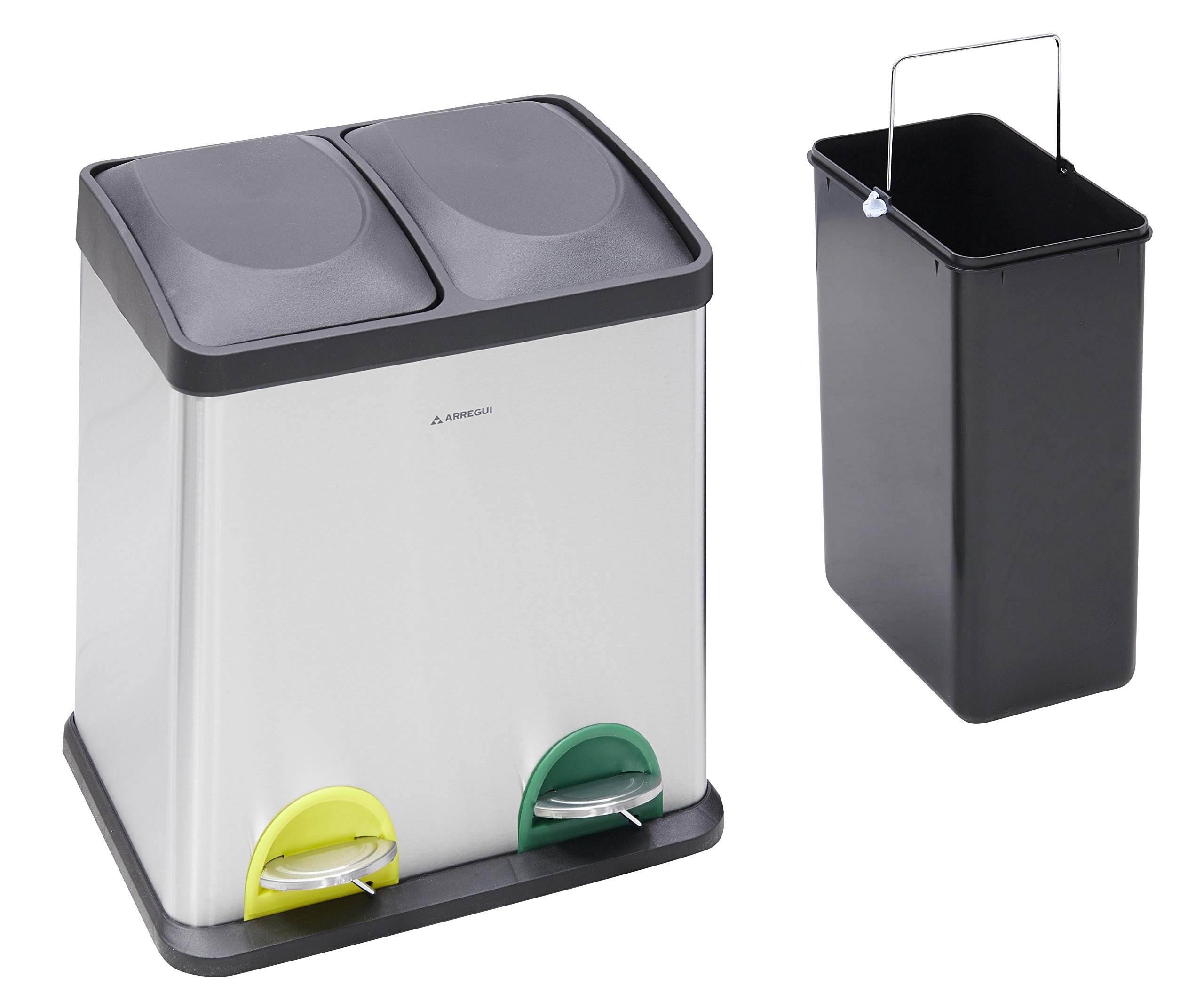Arregui Step Bin CR705-30L Cubo de Basura y Reciclaje de Acero Inoxidable con Pedal | 2x15L (30L) | Cubos de Basura de Cocina | Papelera de Reciclaje para Casa y Oficina