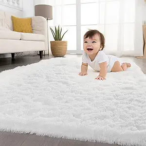 Zentavio White Area Rugs for Bedroom Soft Living Room Rugs 4x6 Fluffy Furry Shag Aesthetic Carpet Plush High Pile Floor Rug for Nursery Kids Room Dorm Home Decor