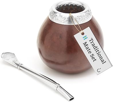 BALIBETOV Authentic Argentine Yerba Mate Cup & Bombilla Set - Traditional Hand-Carved Natural Mate Gourd from Argentina (Dark Brown)