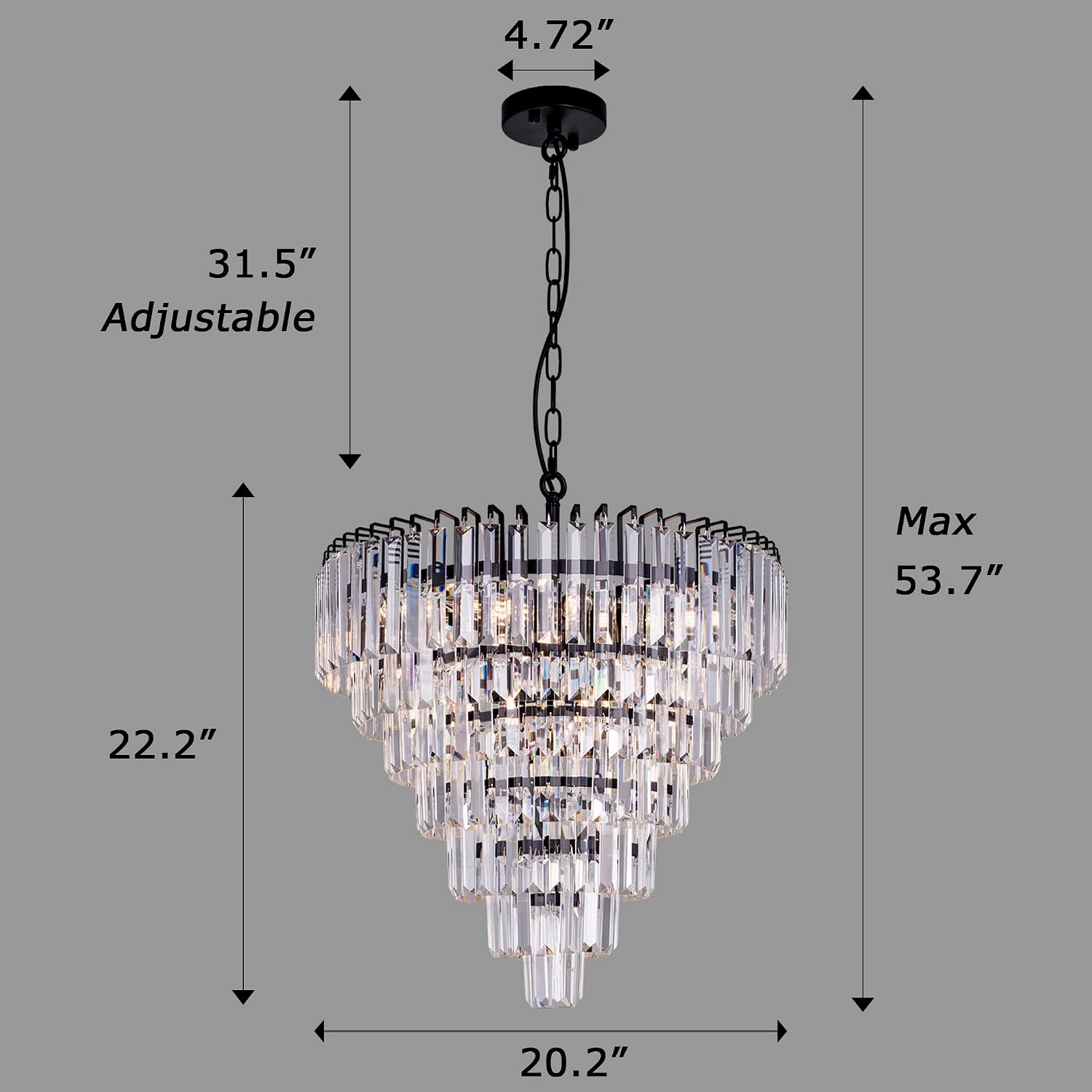 TOCHIC Crystal Chandelier Black Modern Chandelier for Dining Room Living Room 9-Light Round Chandelier for Bedroom 7-Tier Luxury Raindrop Pendant Light Fixture for Kitchen, Foyer, Entryway 20"