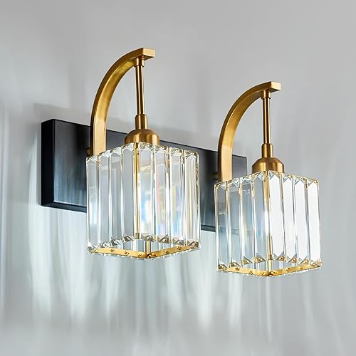 Miniatura 34 de Luces de tocador de cristal cromadas de 4 luces, modernas lámparas de baño de cristal sobre espejo de 32.67 pulgadas de largo para baño Cromo