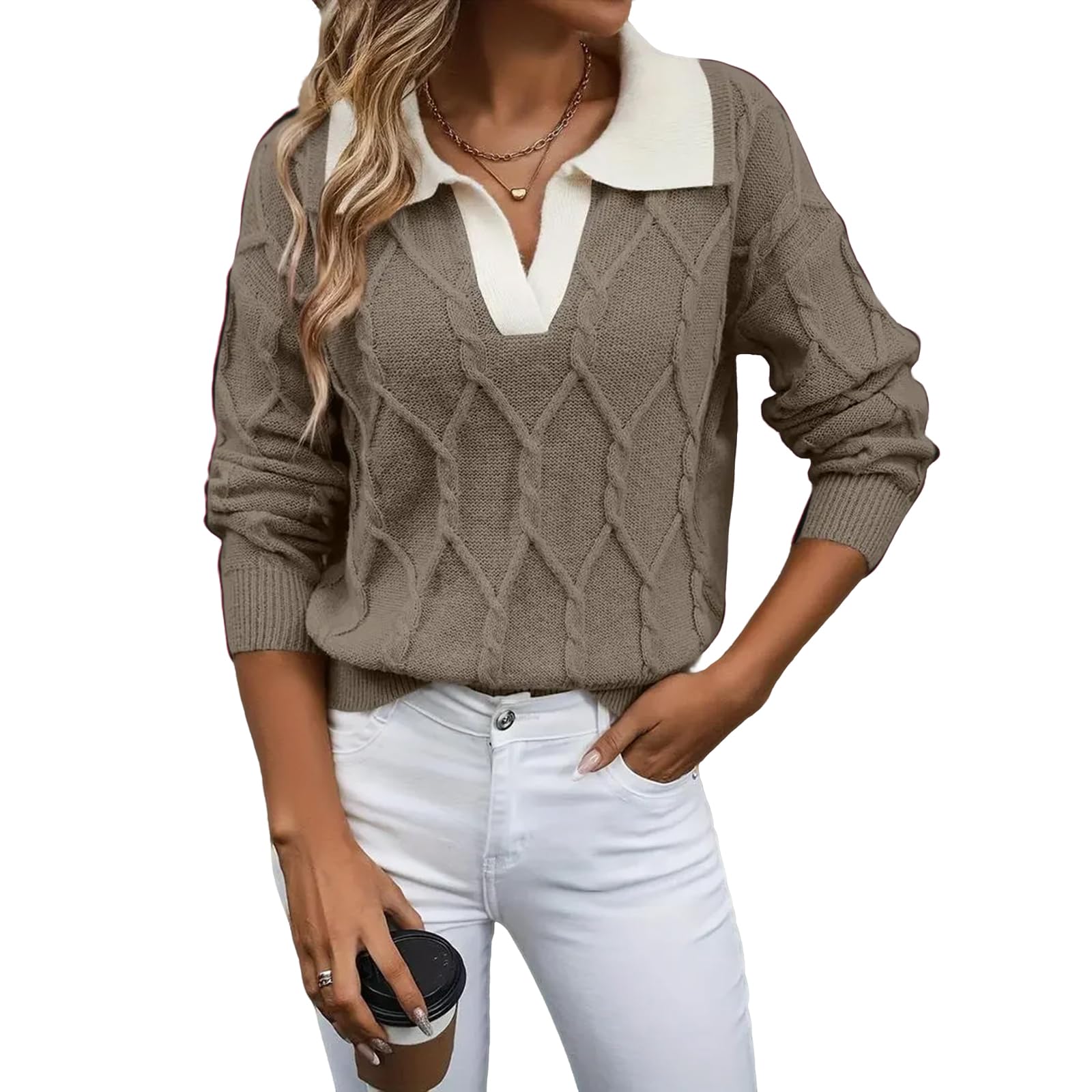 Pullover Sweaters for Women Lapel Collared V Neck Loose Fit Cable Knit Sweater Thermal Business Casual Cozy Sweaters