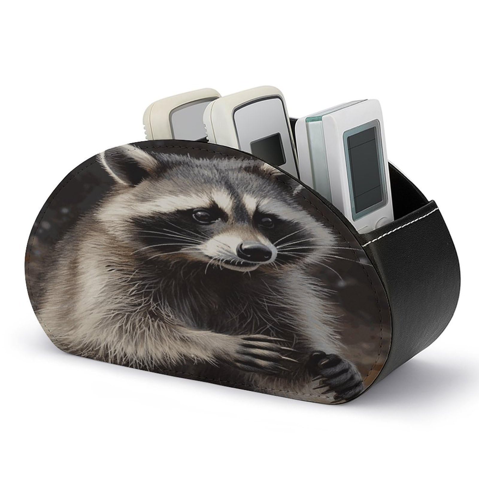LZQPOEAS Raccoon Remote Control Holder with 5 Compartments PU Leather Remote Organizer Box Caddy for Table Nightstand Remote Caddy Desktop Organizer Fits Media Controllers
