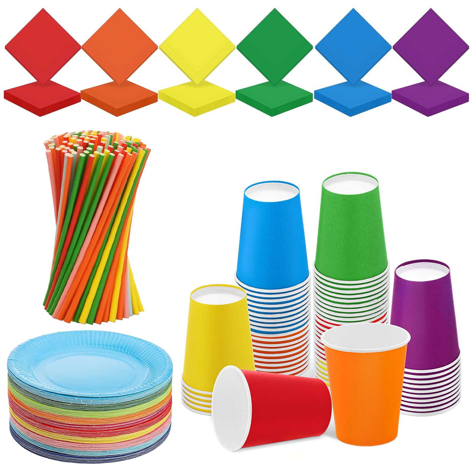 240Pcs Colorful Party Paper Plates, Colorful Rainbow Tableware Set, Paper Plates, Cups, Napkins, Straws,Party Supplies Pack for for Holiday Wedding Birthday Decorations