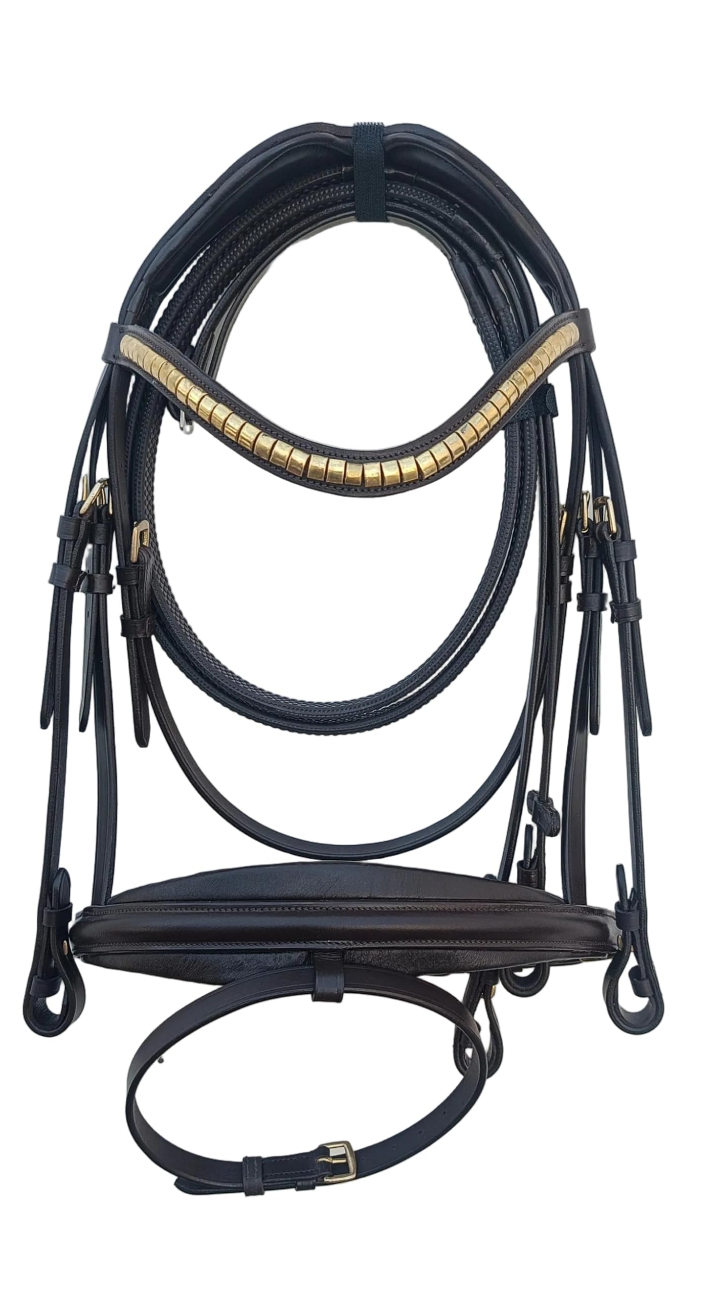 Leather Anatomical Padded Draft Bridle with Brass Studded Browband and Matching Reins Brown Color (X-Full)