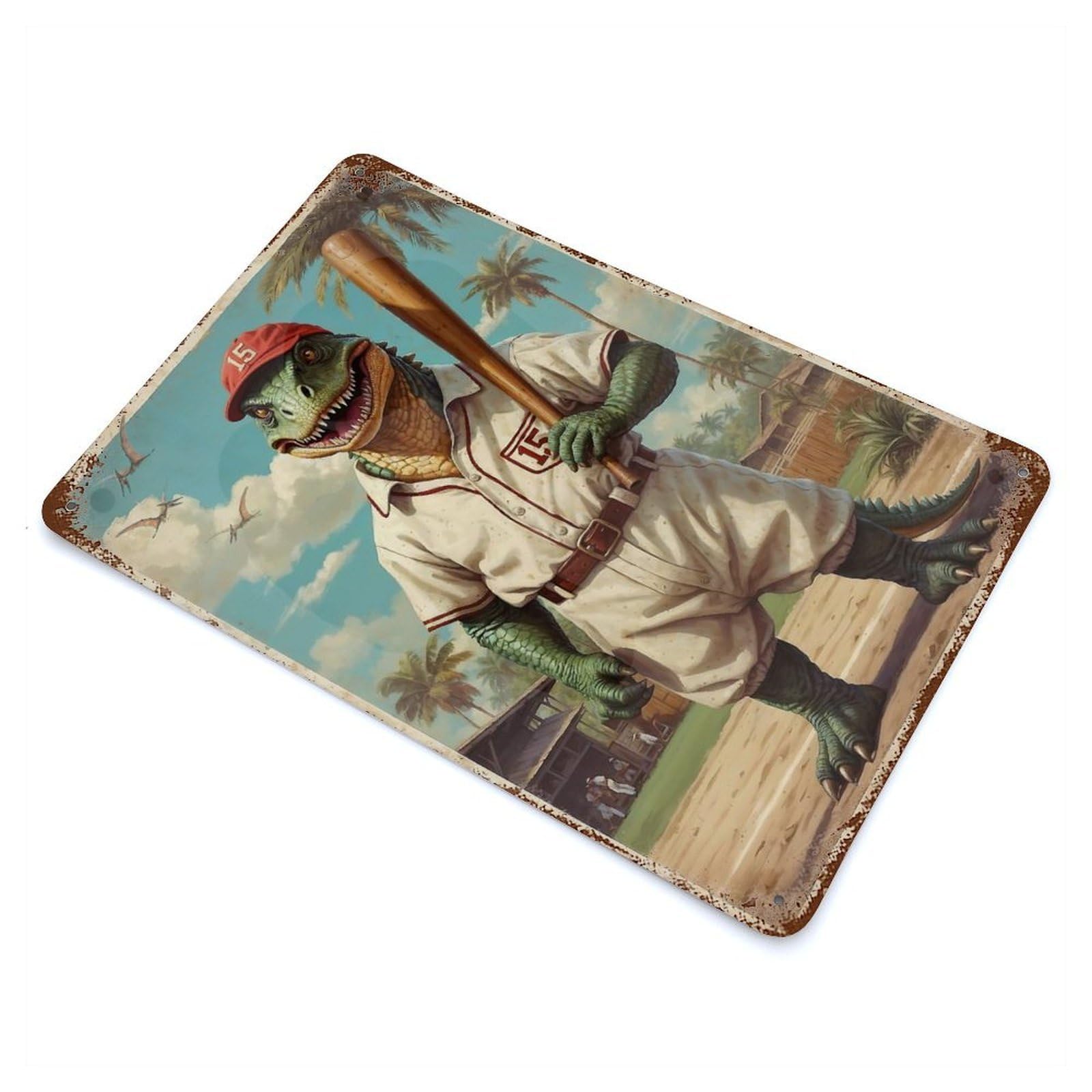 Rusty Metal Tin Sign Dino Ballpark Legend 15 11.8"x7.9", Industrial Home Decor for Patio, Garden Room And Bar Decor