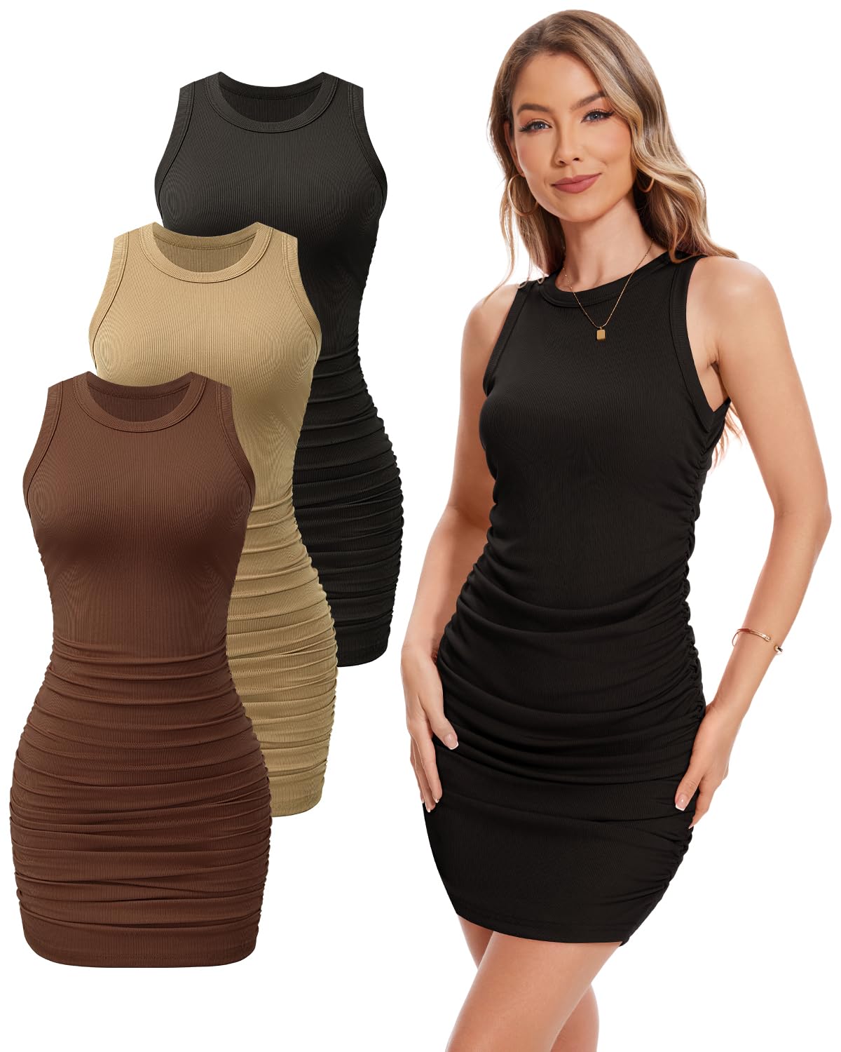 Femdouce 3 Pack Women's Summer Ruched Sleeveless Dresses Slim Fit Crew Neck Ribbed Casual Party Club Mini Bodycon Dress