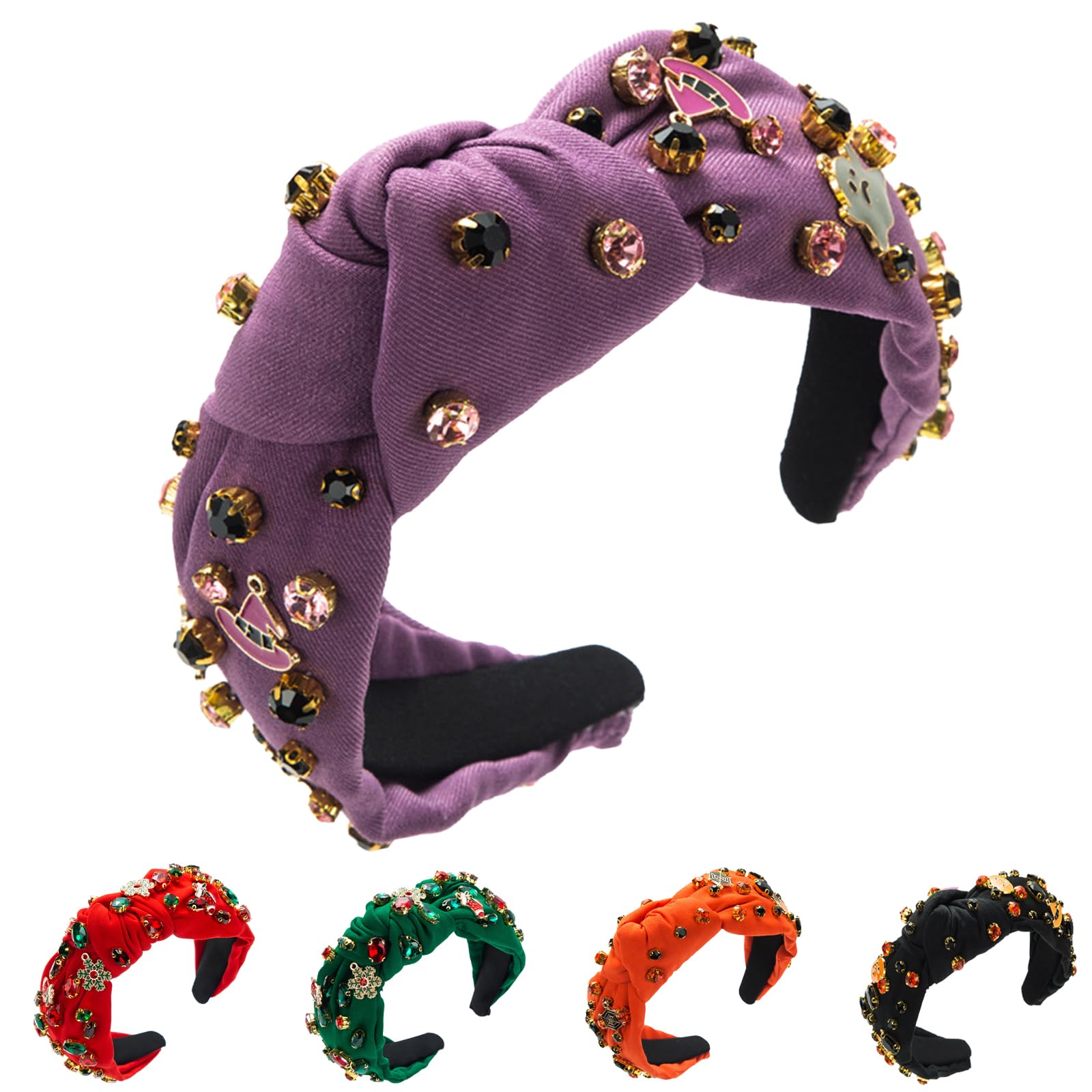Halloween Stirnband Mit Perlen & Strass – Damen Haarband, Rutschfest – Schwarz/Lila/Gelb