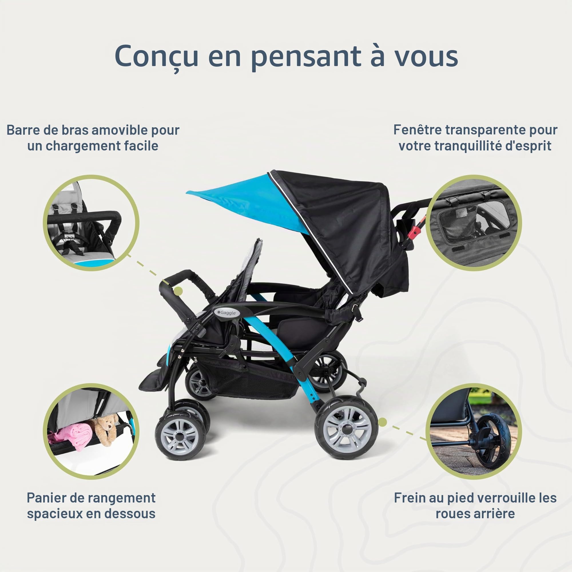 Gaggle Poussette Compass Quad 4 places, poussette 4 places pour garderie, pare-soleil anti-UV, harnais 5 points, bleu sarcelle