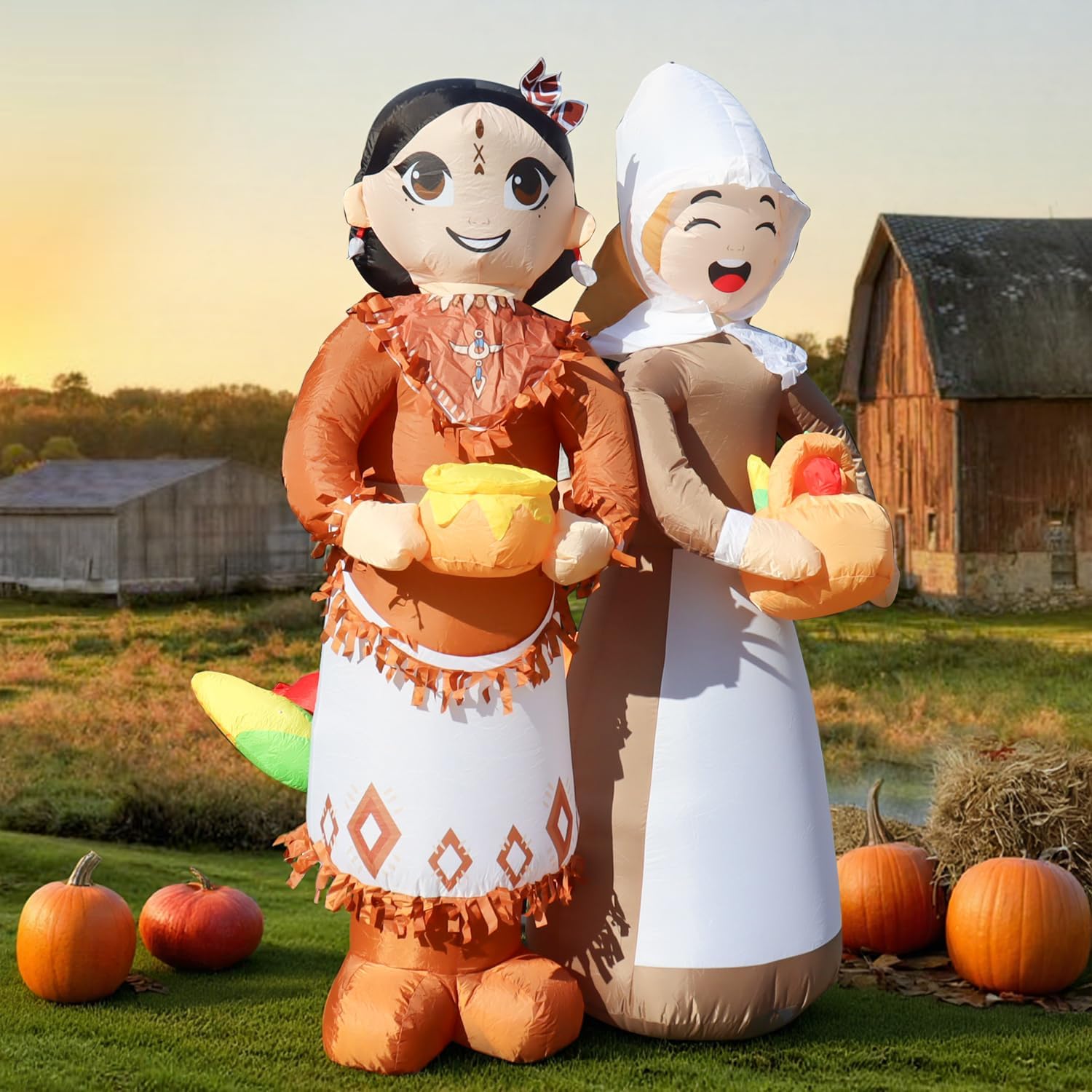 6FT Thanksgiving Inflatable Decoration Pilgrim with Native American Indian, Holiday Yard Decoration for Outdoors, Fall Decor Blow Up Lawn Decorations with Built-in LED Lights for Garden, Lawn