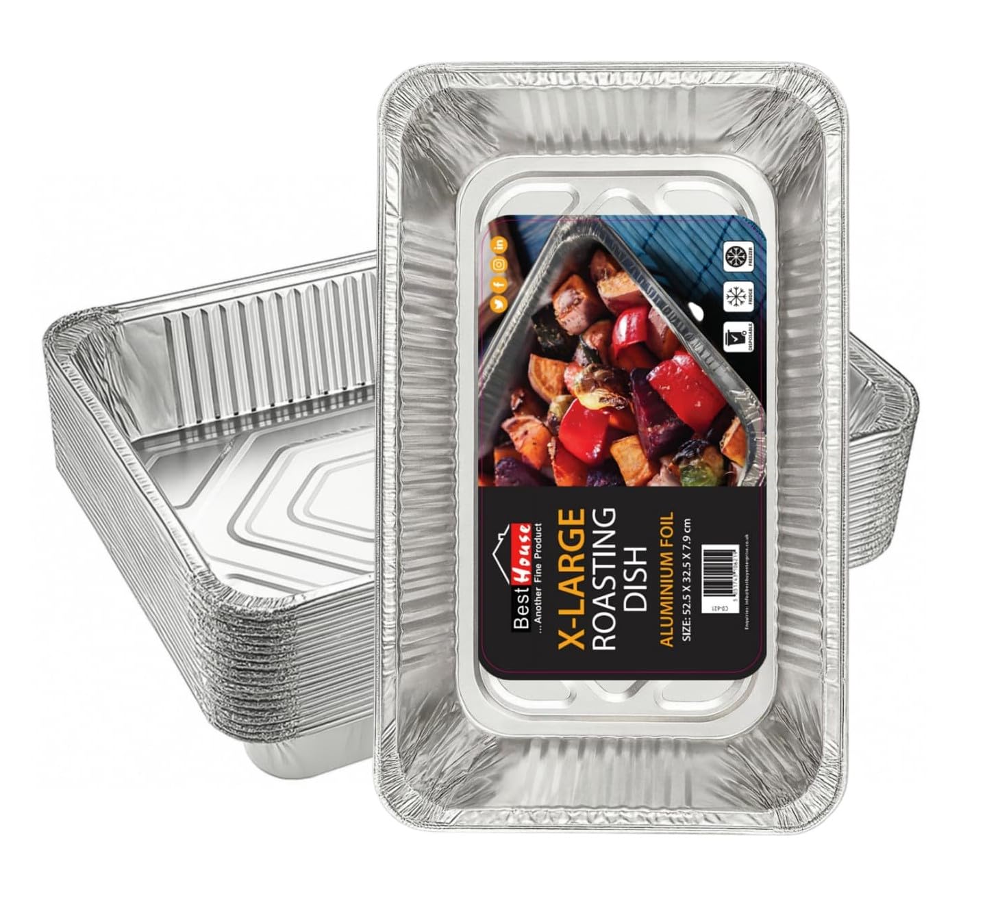 BH | 10 Pack XL Aluminium Foil Trays (52.5 ร 32.5 ร 7.9 cm) | Heavy-Duty Baking & Roasting Pans | Oven-Safe, Recyclable, Disposable Food Containers โ Please Check Size Before Purchase