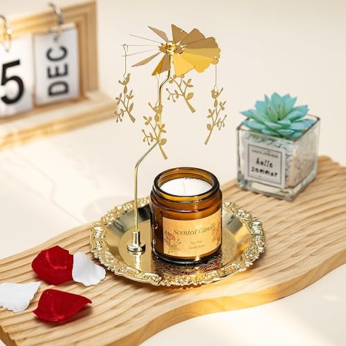 Miniatura 3 de Rancco Portavelas giratorio con bandeja, carrusel de velas doradas, portavelas de metal alimentado por calor para centro de mesa, boda, Navidad, día