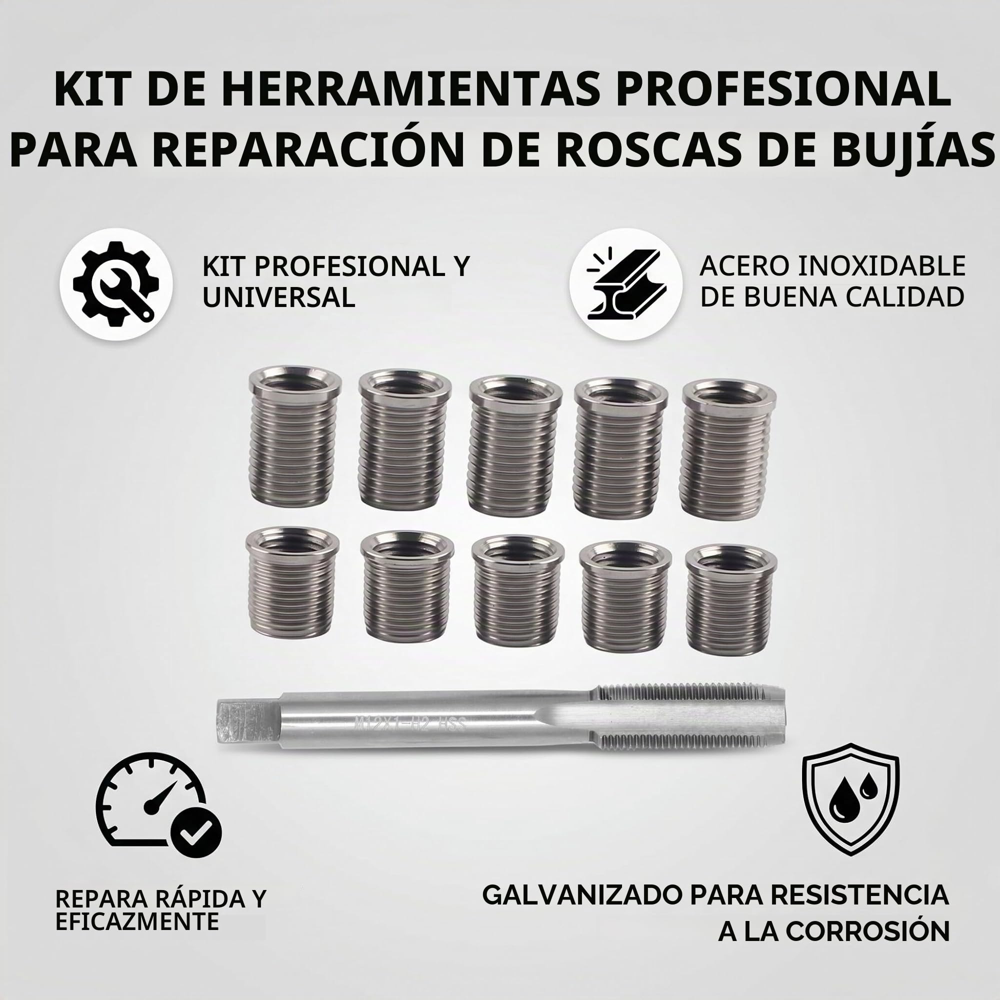 Kit de reparación de roscas de bujía, 10 insertos roscados M10x1.0 y 1 macho roscado M12x1.0, herramientas para grifo de la bujía para la reparación de