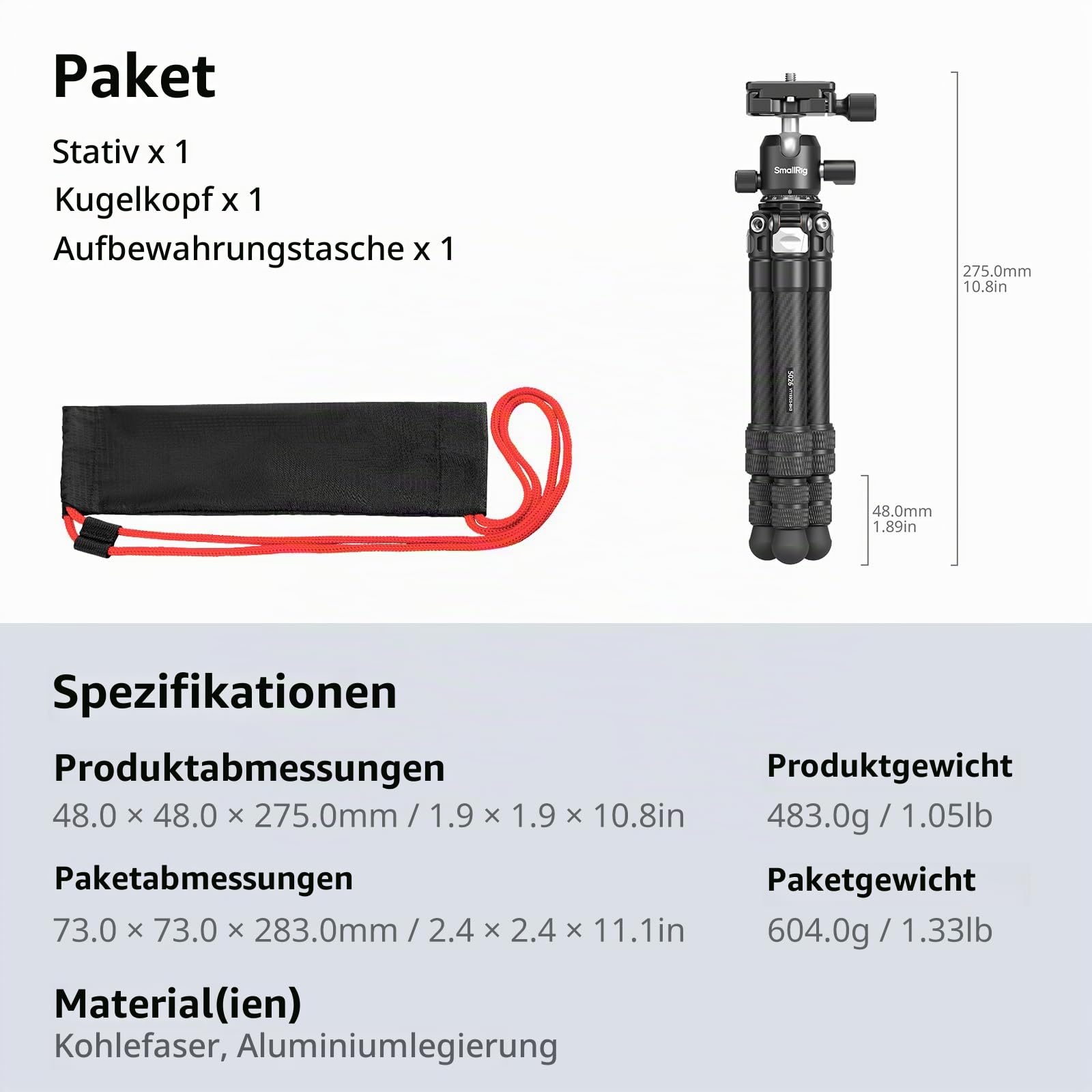 SMALLRIG Mini-Tischstativ aus Kohlefaser, Trípode 395mm/15,5Zoll kompaktes Tischstativ-Set im Taschenformat mit 360°-Kugelkopf, integrierter QR-Platte für Arca, Arbeitshöhe Reicht von 120-395mm - 5026