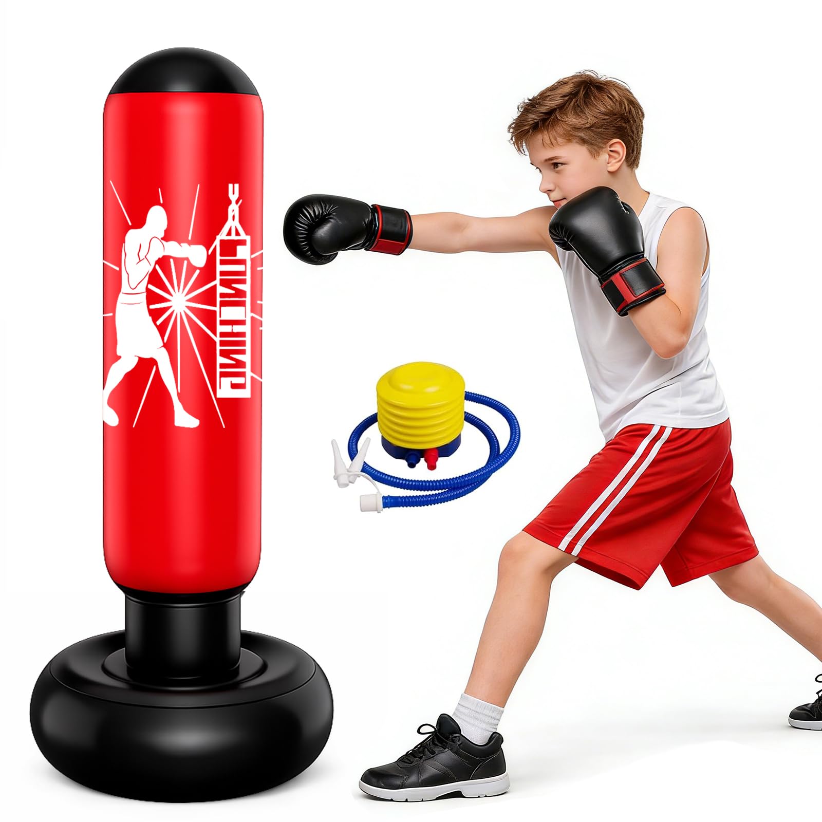 MeYuxg Sacco da Boxe per Bambini,160cm Gonfiabile Sacco da Boxe da Terra con Pompa a Pedale,Punching Ball Bambini Regalo per Ragazzi e Ragazze per karate,Kickboxing,Taekwondo,Allenamento MMA